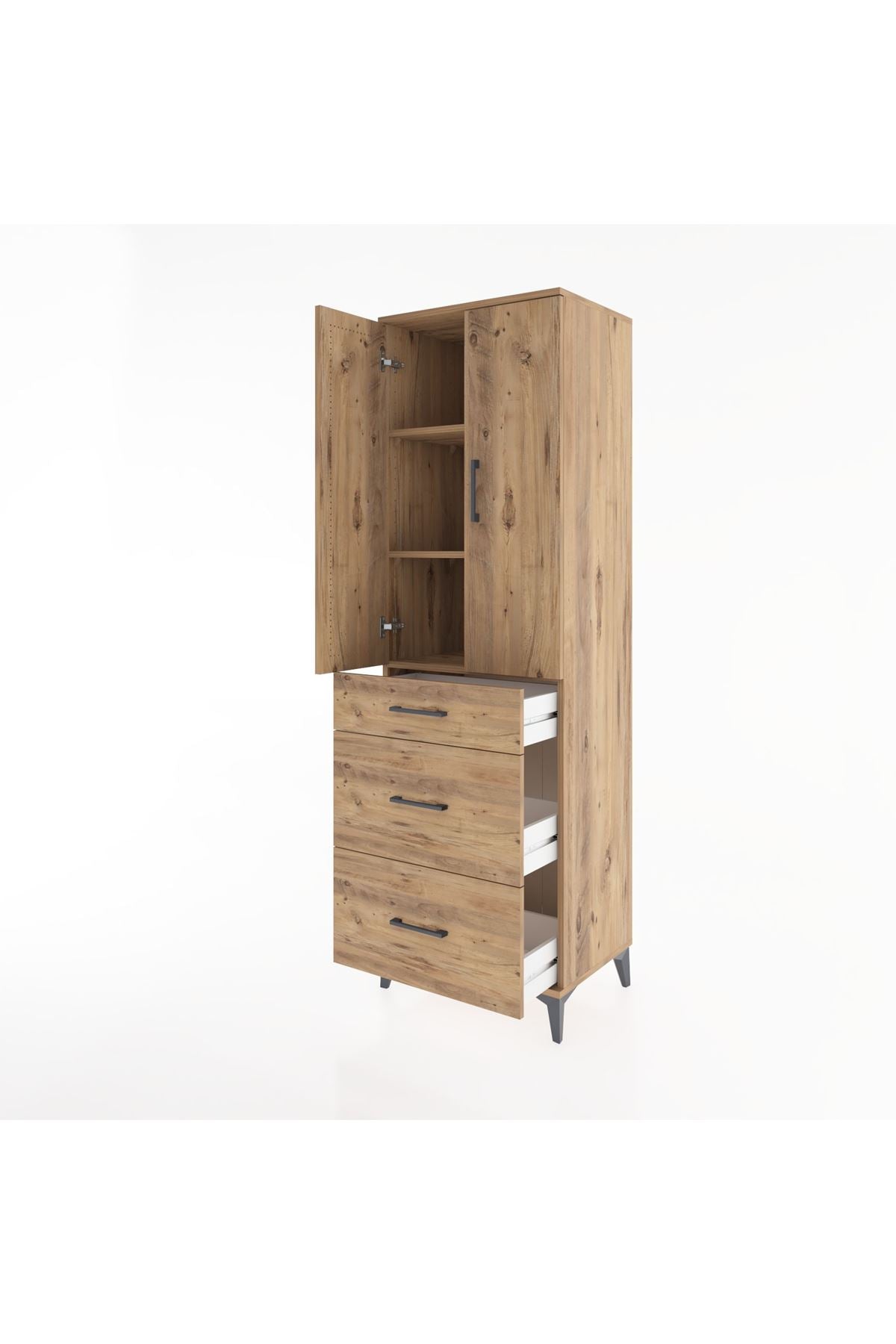 Hyperion Dolap 3 Raflı 3 Çekmeceli 2 Kapaklı 60x44x195 Çam-Çam