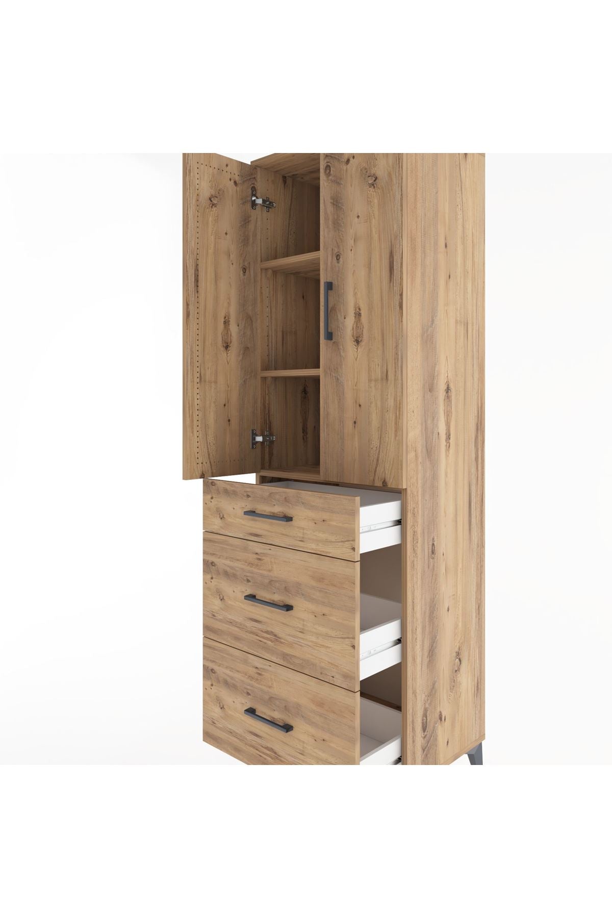 Hyperion Dolap 3 Raflı 3 Çekmeceli 2 Kapaklı 60x44x195 Çam-Çam