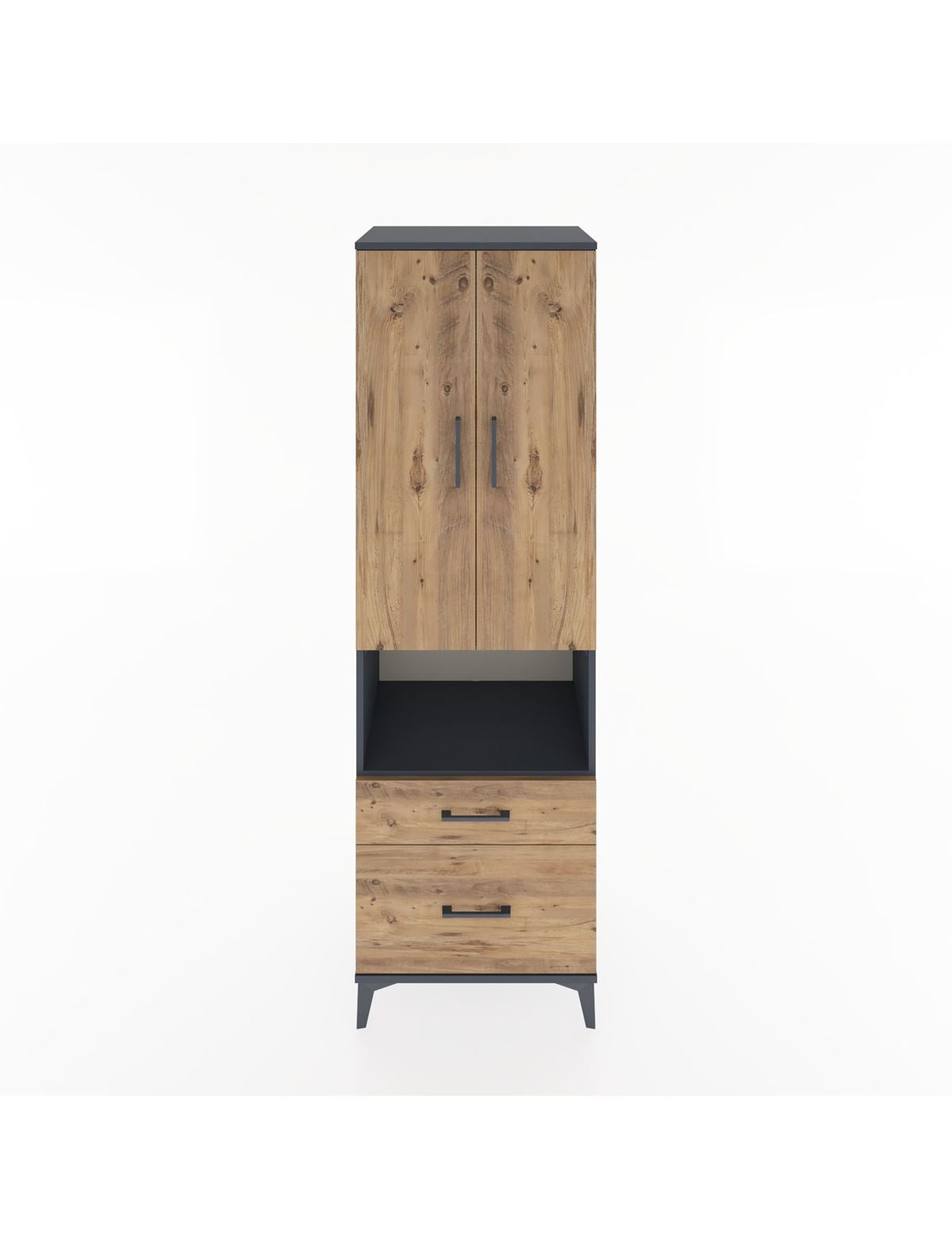 Hyperion Dolap 4 Raflı 2 Çekmeceli 2 Kapaklı 60x44x195 Antrasit-Çam