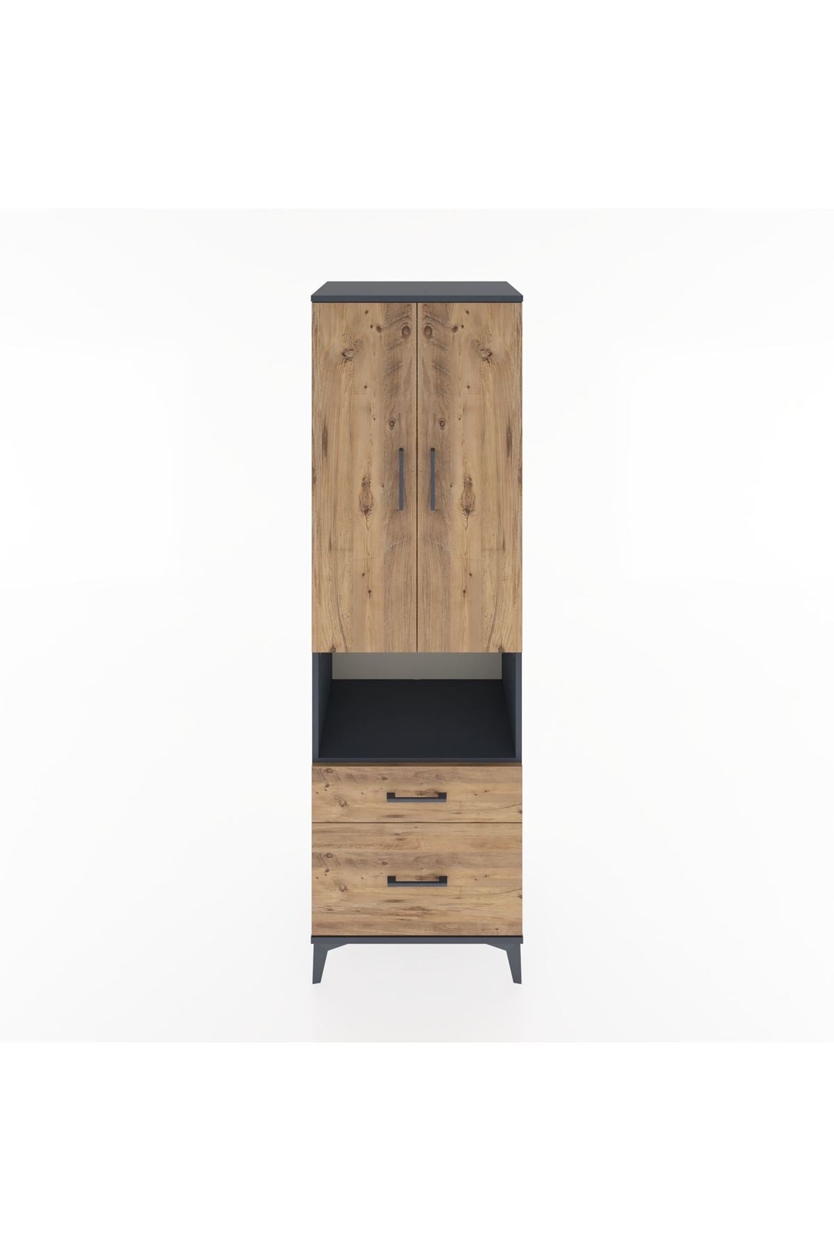 Hyperion Dolap 4 Raflı 2 Çekmeceli 2 Kapaklı 60x44x195 Antrasit-Çam