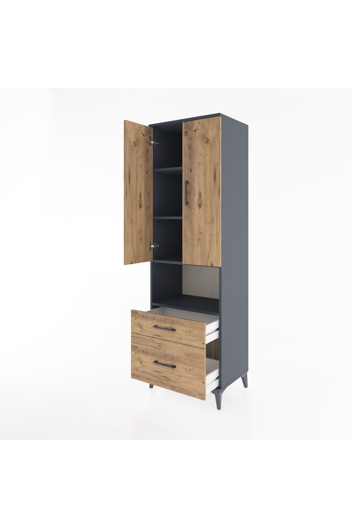 Hyperion Dolap 4 Raflı 2 Çekmeceli 2 Kapaklı 60x44x195 Antrasit-Çam