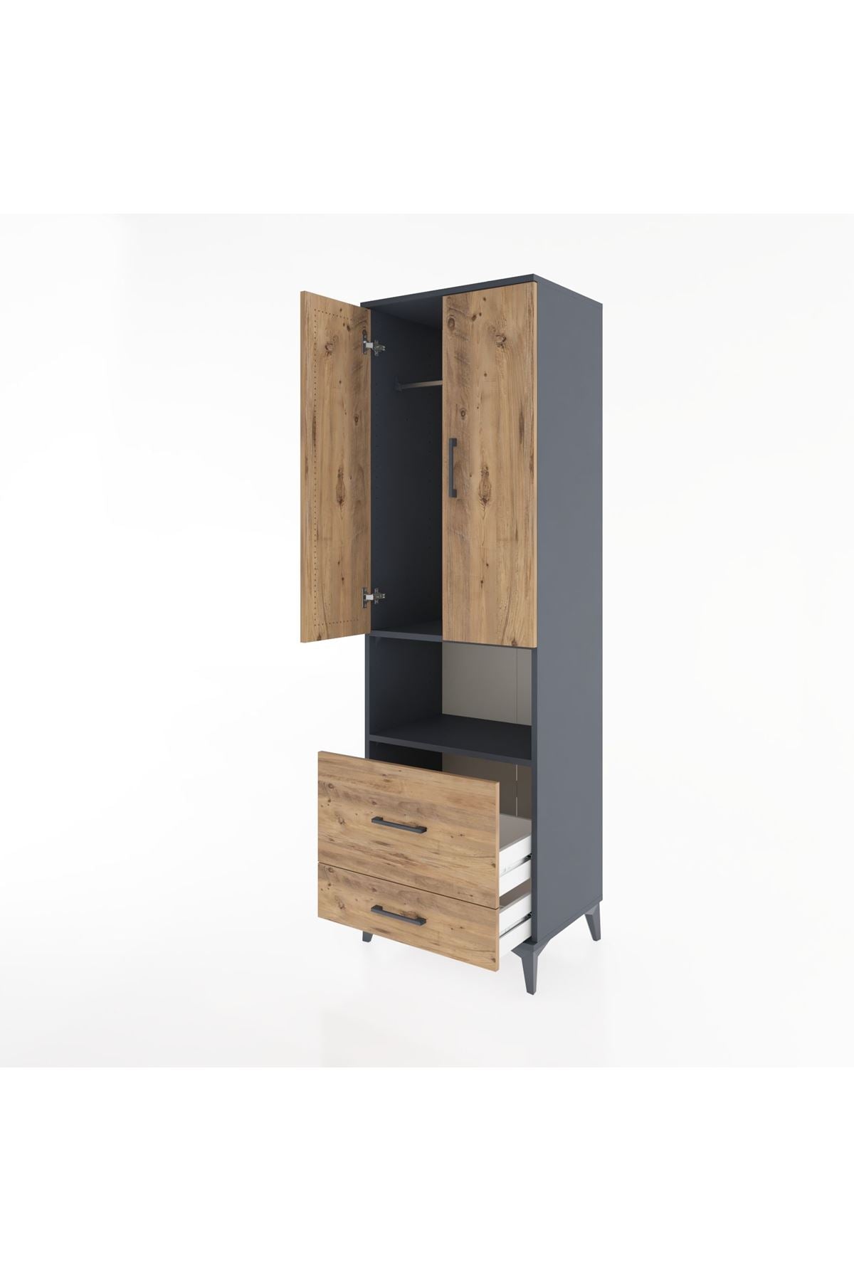 Hyperion Dolap 2 Raflı 2 Çekmeceli Tek Askılı 60x44x195 Antrasit-Çam