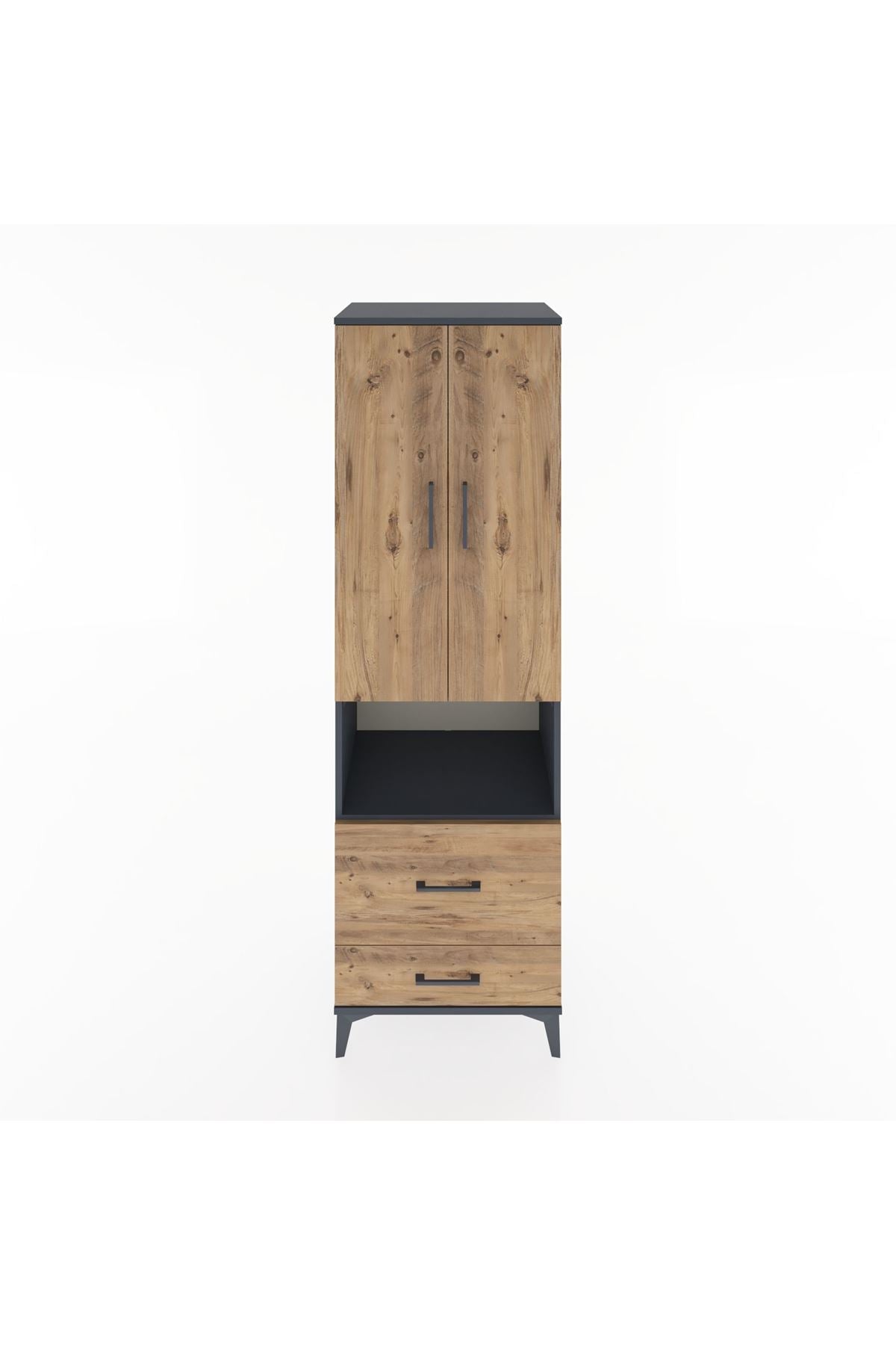 Hyperion Dolap 4 Raflı 2 Çekmeceli 2 Kapaklı 60x44x195 Antrasit-Çam