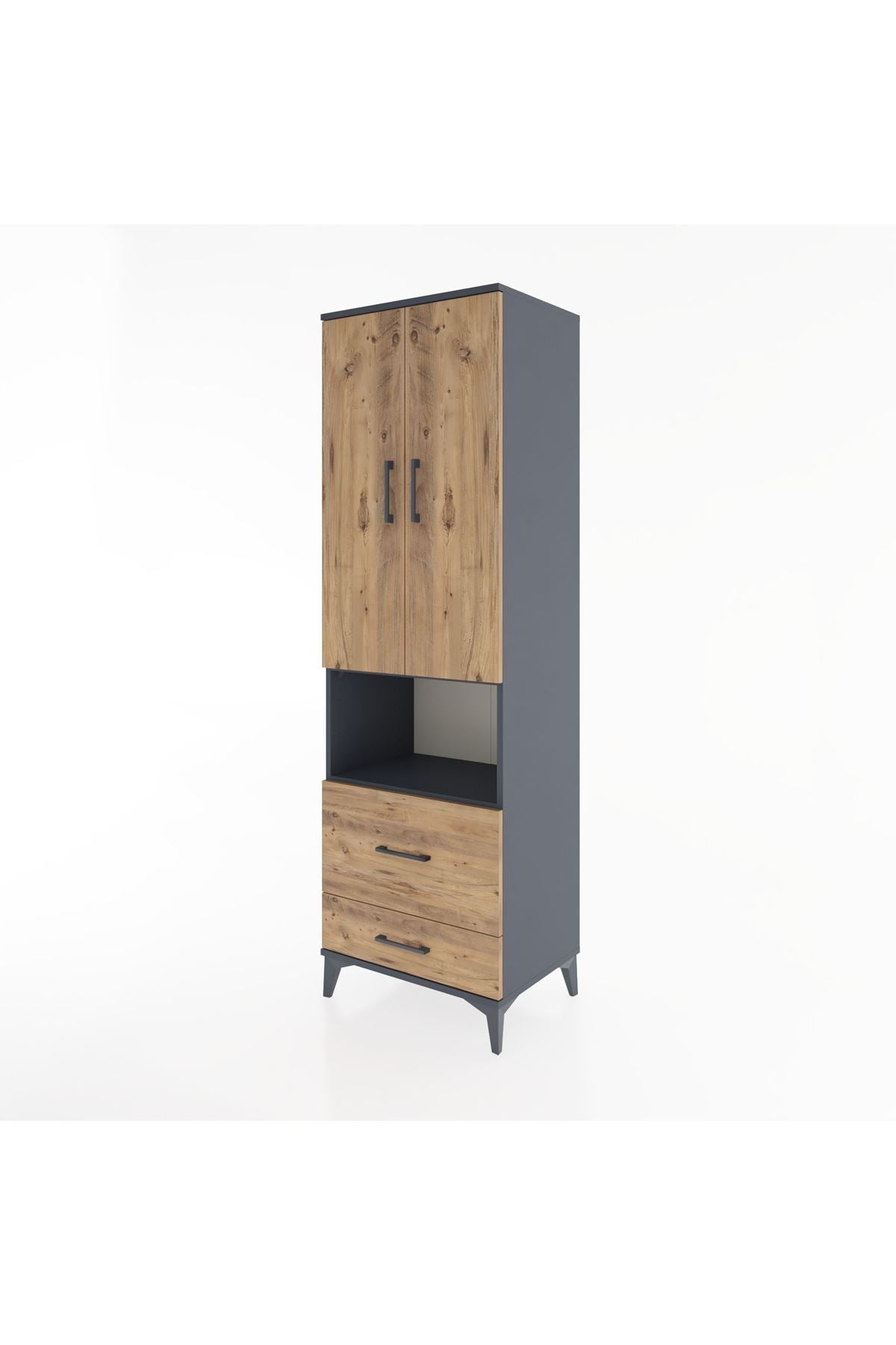 Hyperion Dolap 4 Raflı 2 Çekmeceli 2 Kapaklı 60x44x195 Antrasit-Çam