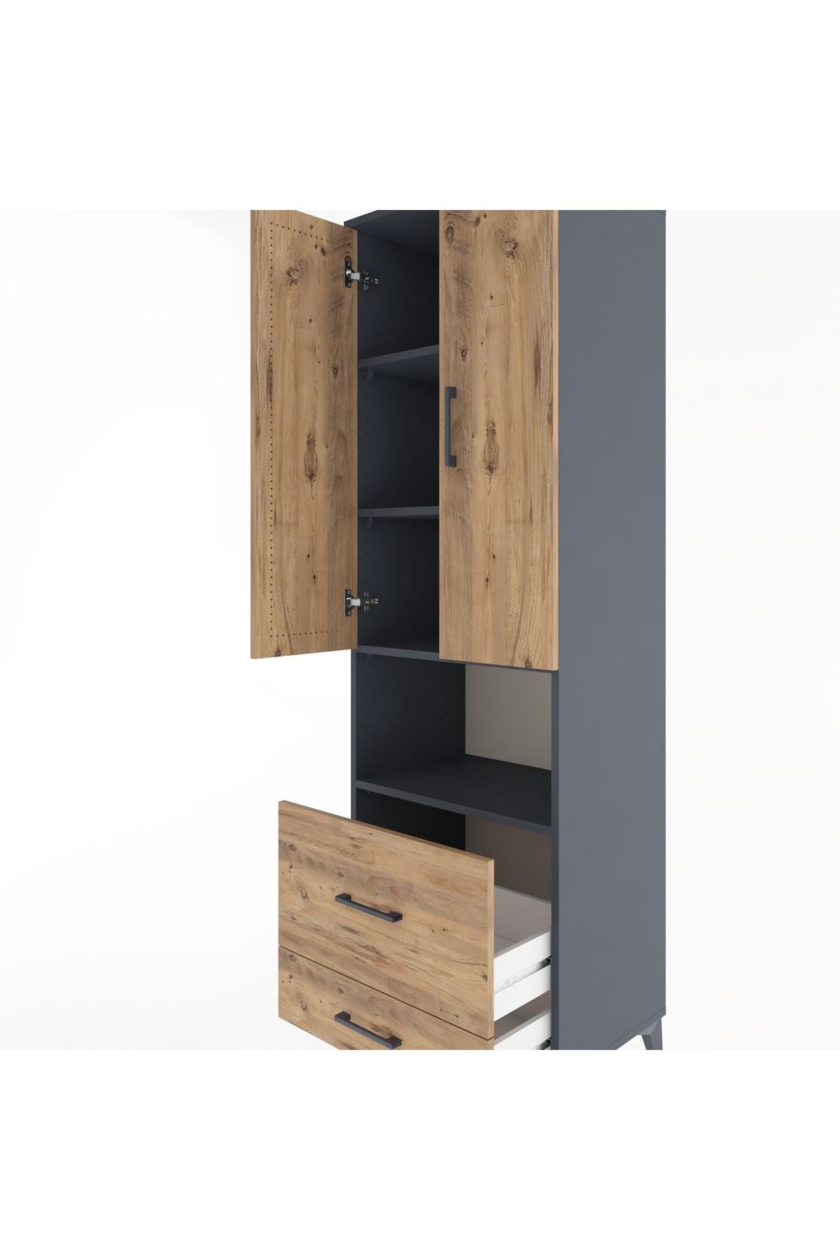 Hyperion Dolap 4 Raflı 2 Çekmeceli 2 Kapaklı 60x44x195 Antrasit-Çam