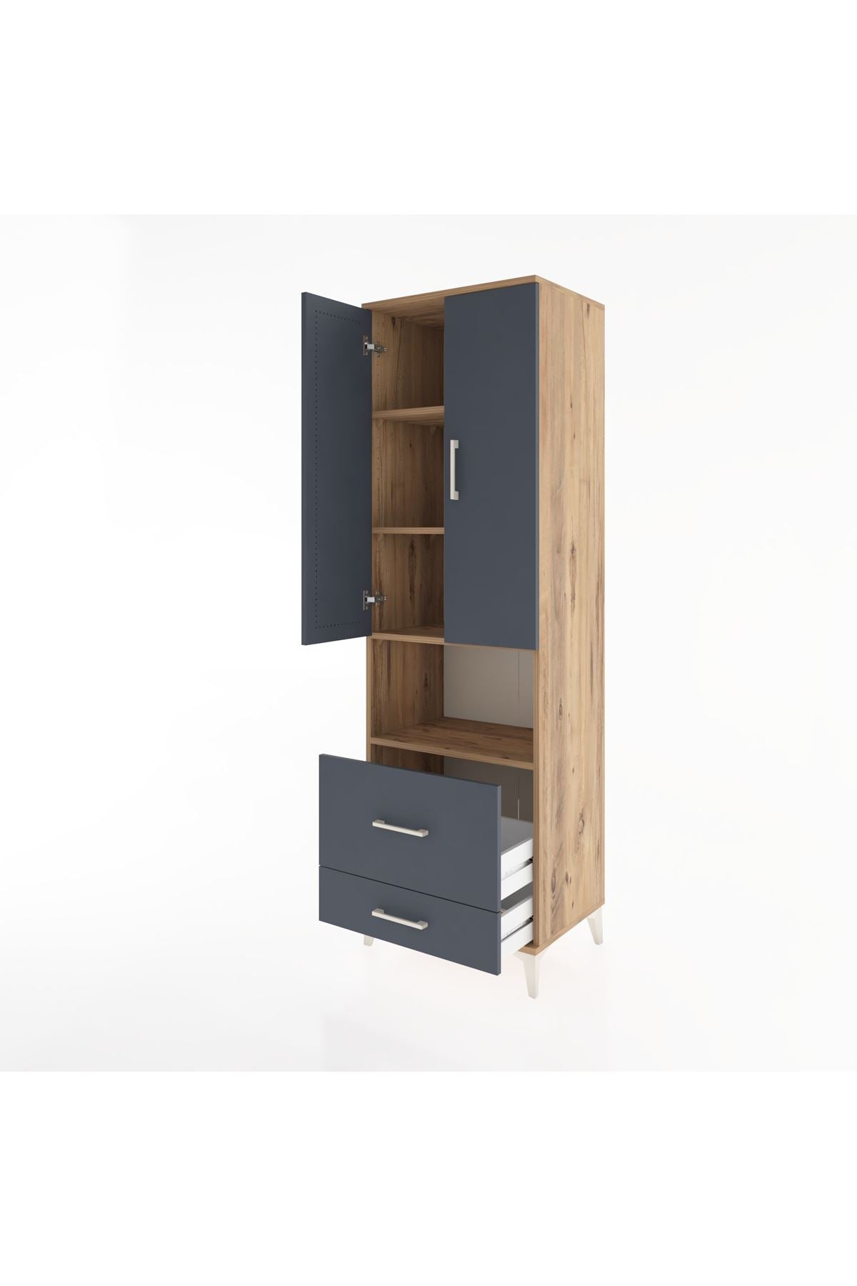 Hyperion Dolap 4 Raflı 2 Çekmeceli 2 Kapaklı 60x44x195 Çam-Antrasit