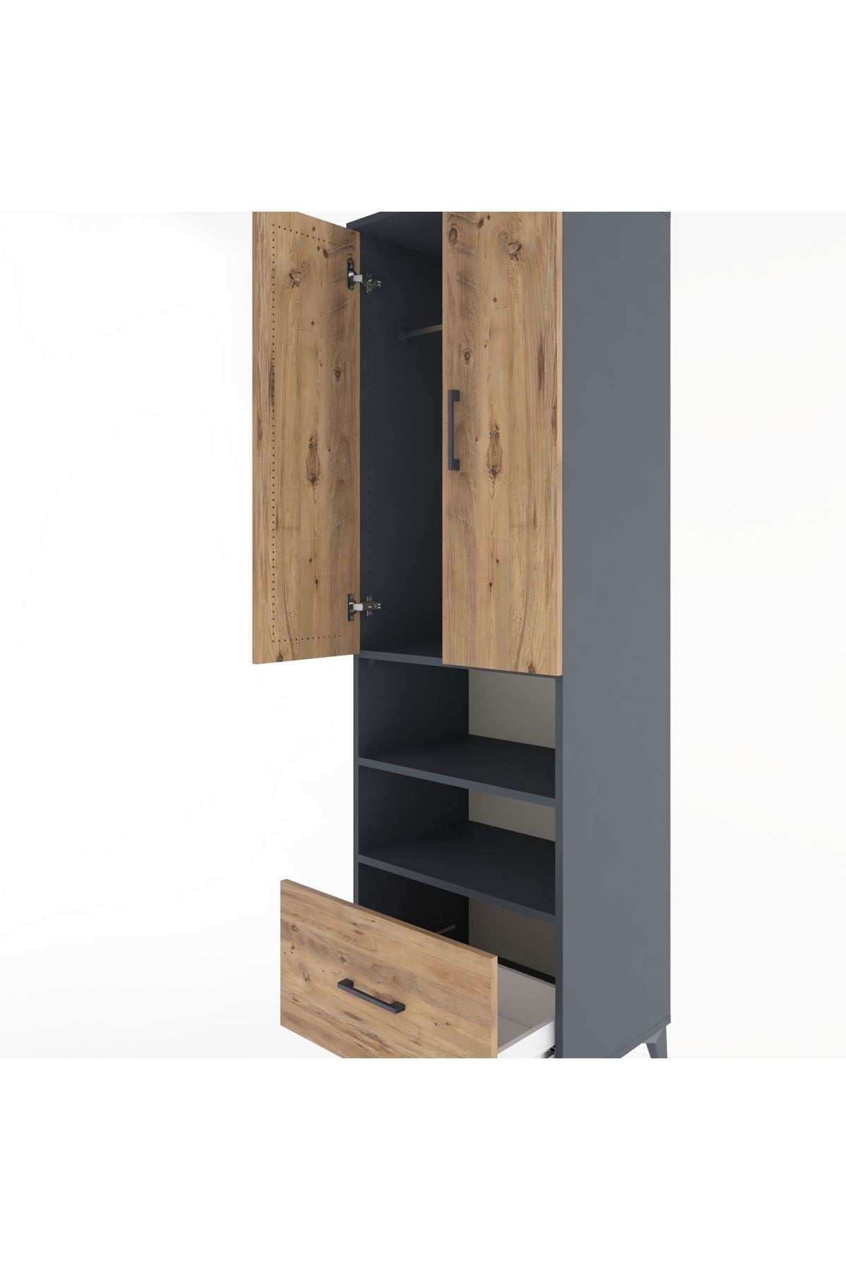 Hyperion Dolap 3 Raflı Tek Çekmeceli Tek Askılı 60x44x195 Antrasit-Çam