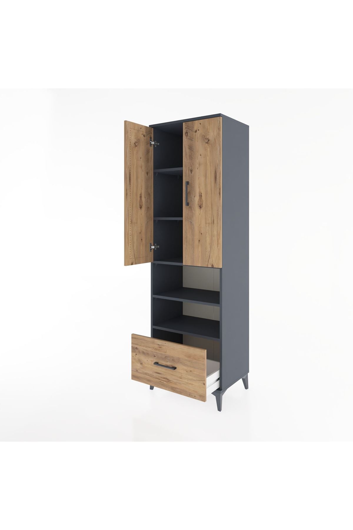 Hyperion Dolap 5 Raflı Tek Çekmeceli 2 Kapaklı 60x44x195 Antrasit-Çam