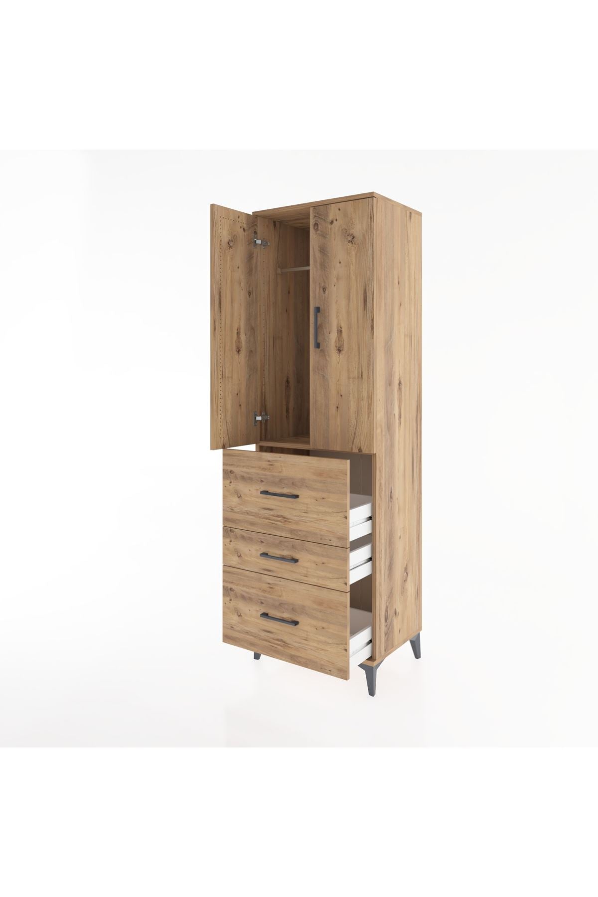 Hyperion Dolap Tek Raflı 3 Çekmeceli Tek Askılı 60x44x195 Çam-Çam