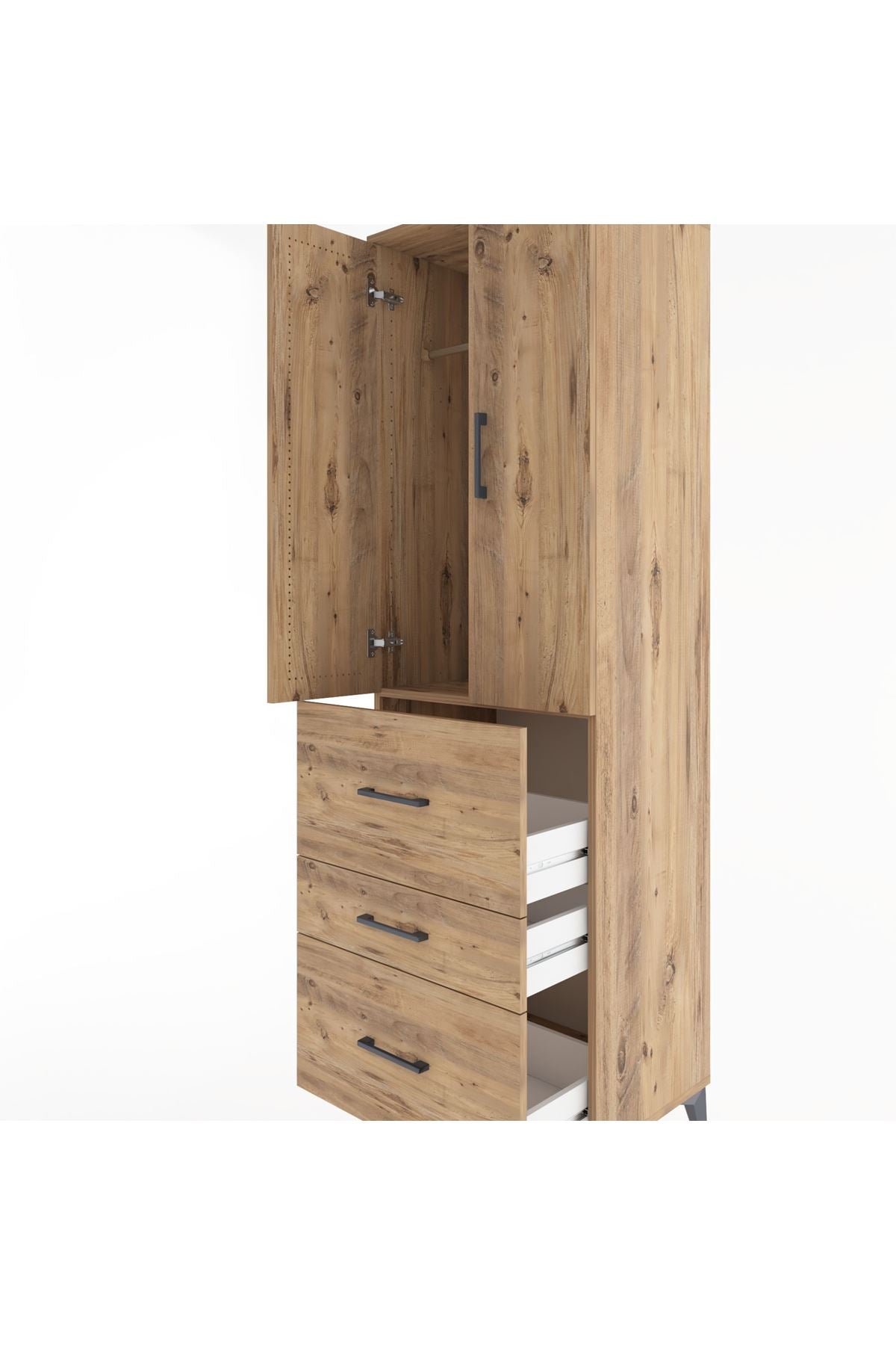 Hyperion Dolap Tek Raflı 3 Çekmeceli Tek Askılı 60x44x195 Çam-Çam