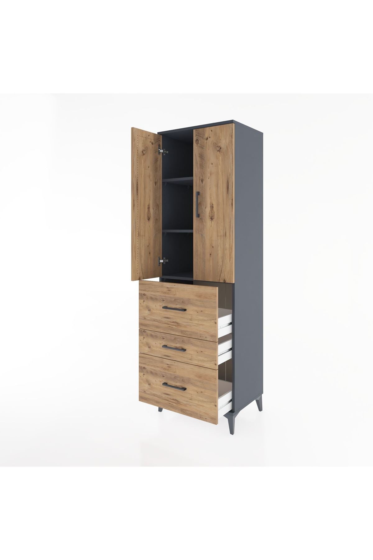 Hyperion Dolap 3 Raflı 3 Çekmeceli 2 Kapaklı 60x44x195 Antrasit-Çam