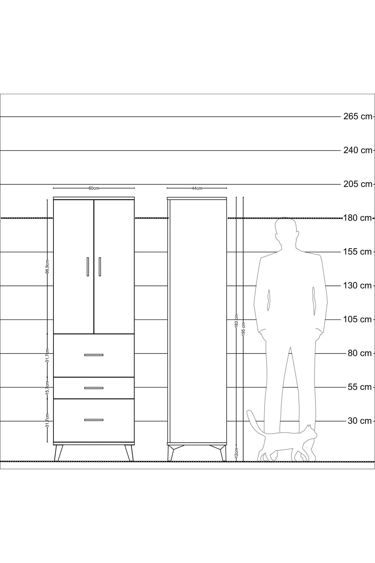 Hyperion Dolap 3 Raflı 3 Çekmeceli 2 Kapaklı 60x44x195 Antrasit-Çam