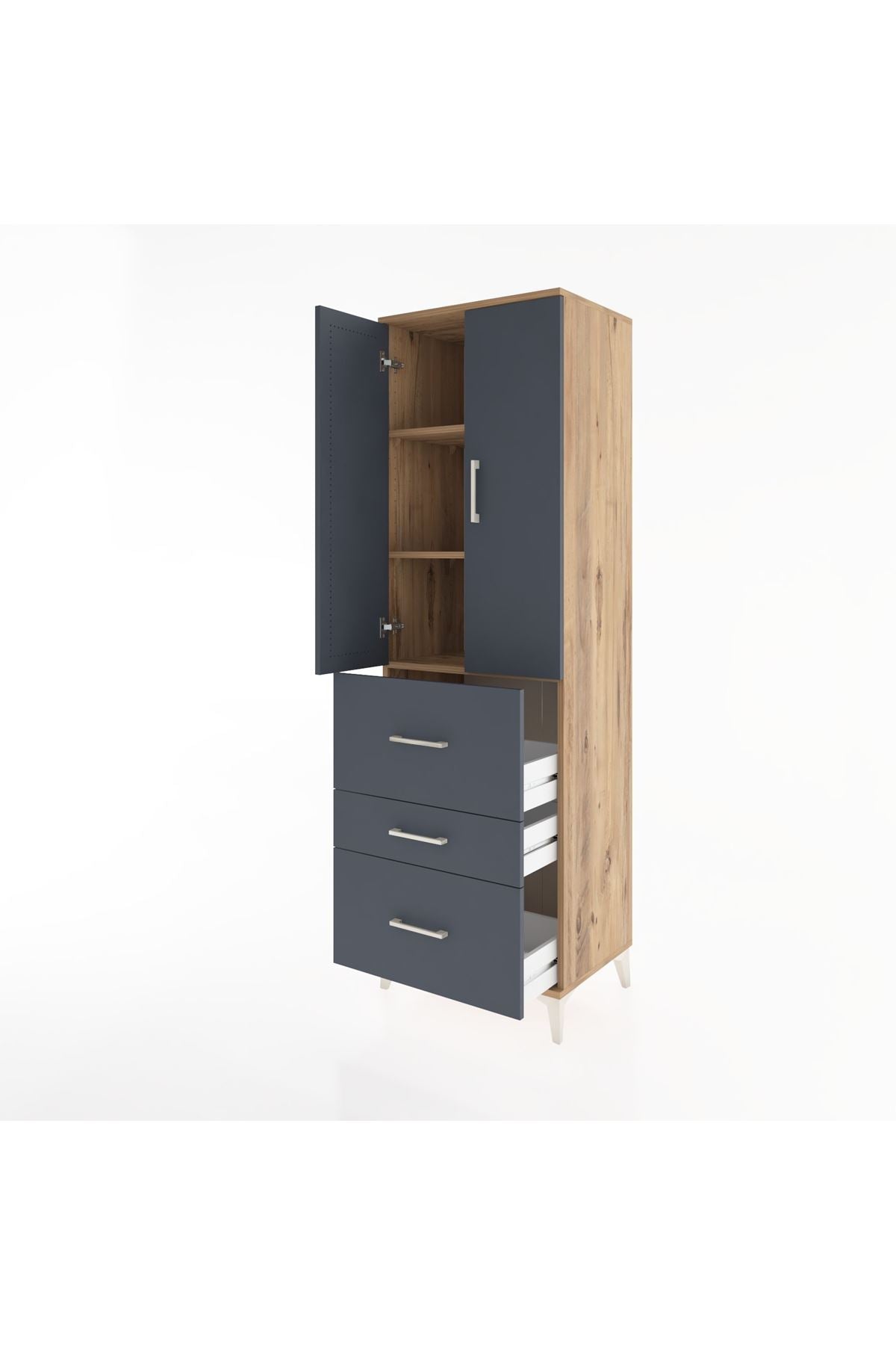 Hyperion Dolap 3 Raflı 3 Çekmeceli 2 Kapaklı 60x44x195 Çam-Antrasit