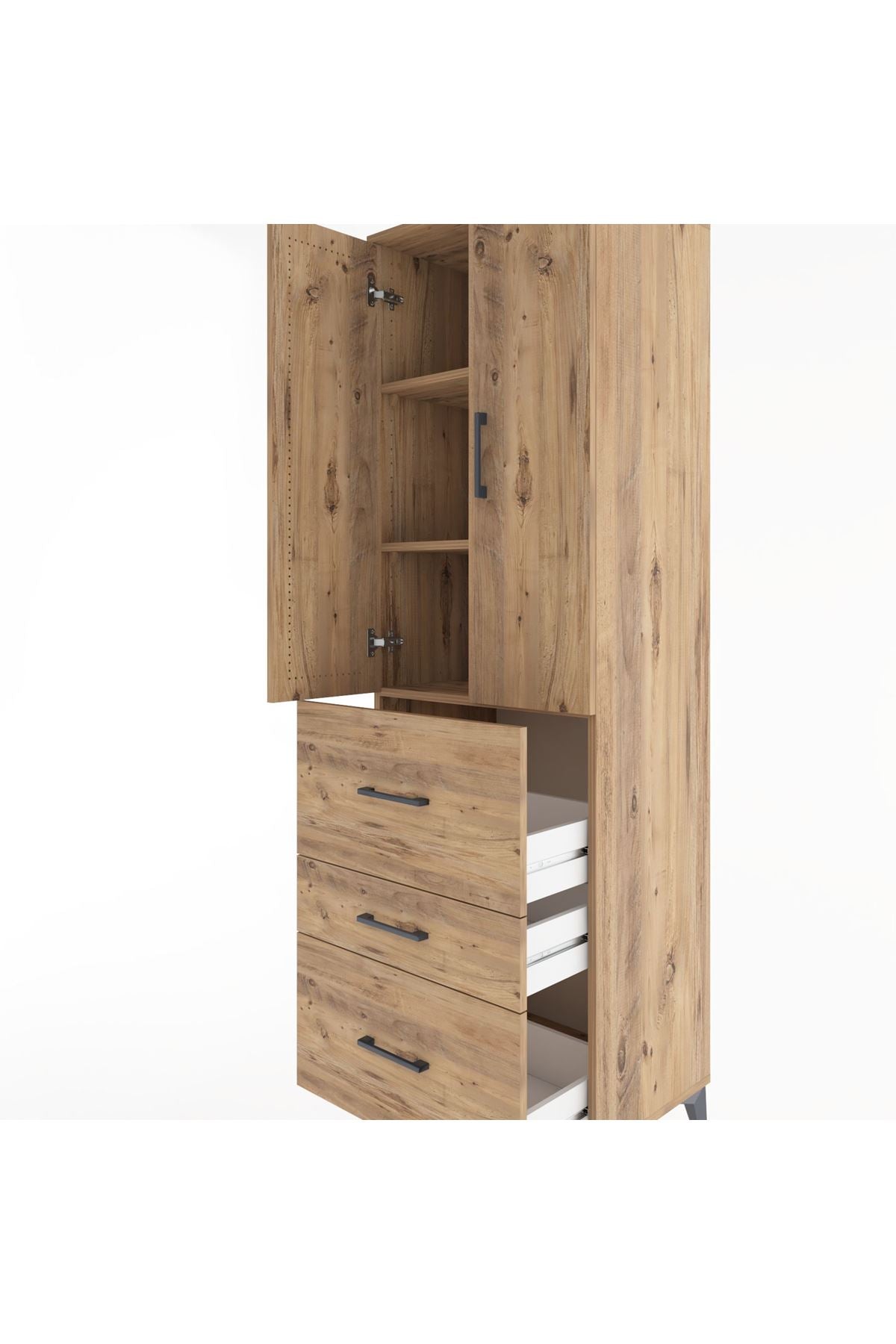 Hyperion Dolap 3 Raflı 3 Çekmeceli 2 Kapaklı 60x44x195 Çam-Çam