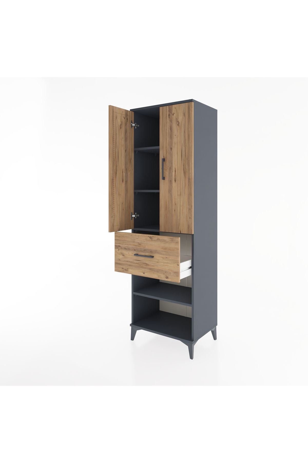 Hyperion Dolap 4 Raflı Tek Çekmeceli 2 Kapaklı 60x44x195 Antrasit-Çam