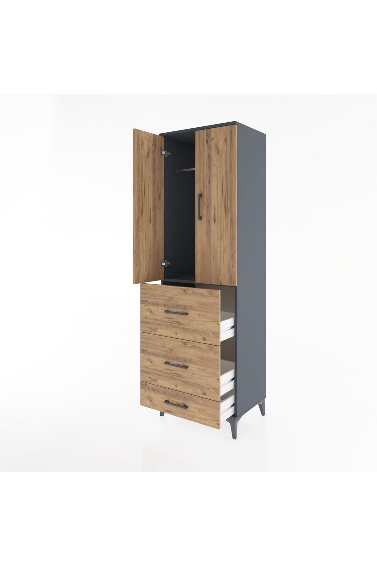 Hyperion Dolap Tek Raflı 3 Çekmeceli Tek Askılı 60x44x195 Antrasit-Çam