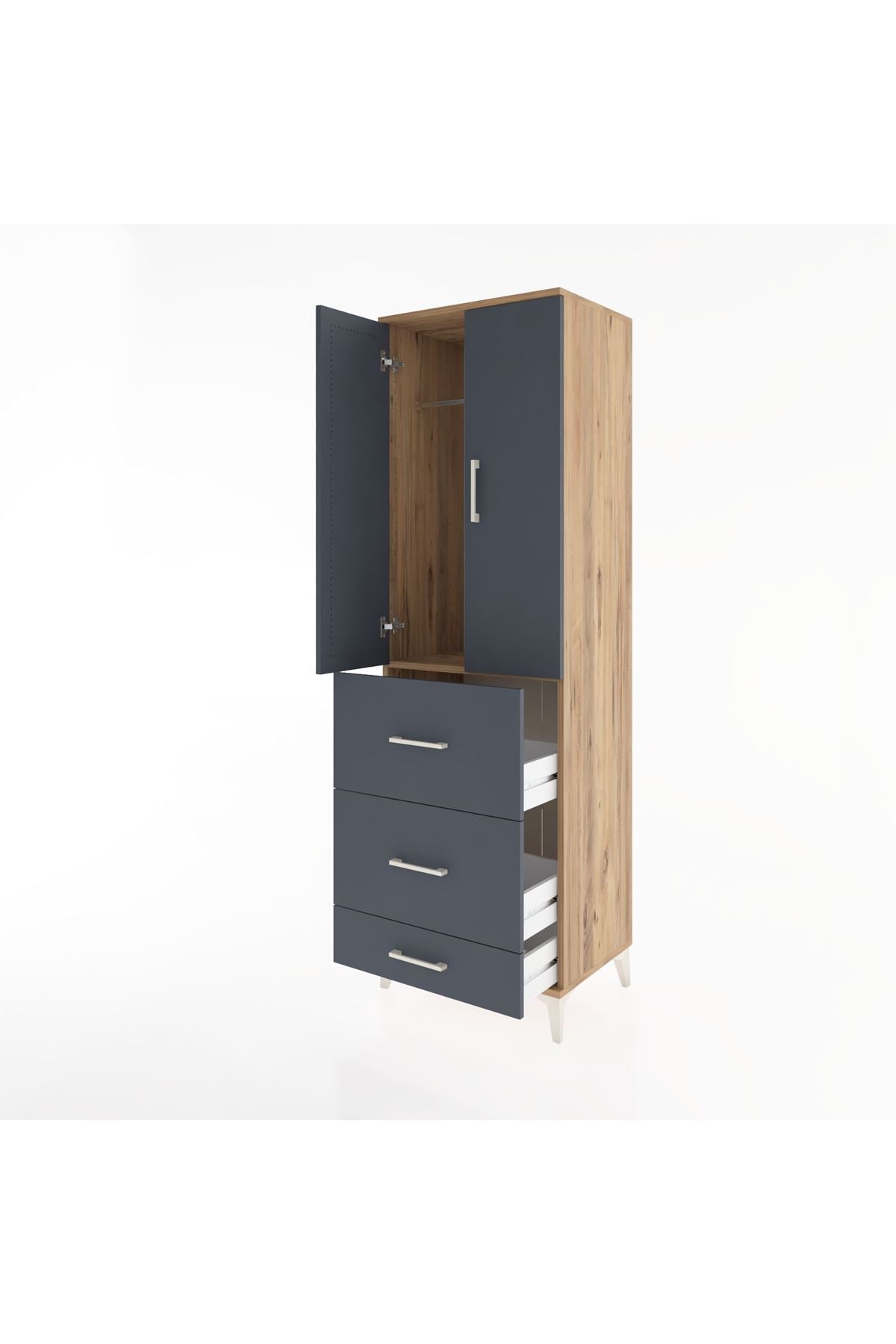 Hyperion Dolap Tek Raflı 3 Çekmeceli Tek Askılı 60x44x195 Çam-Antrasit