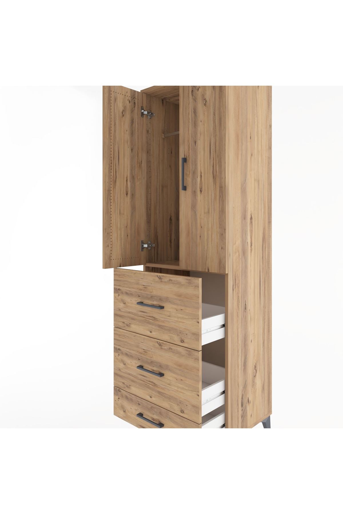 Hyperion Dolap Tek Raflı 3 Çekmeceli Tek Askılı 60x44x195 Çam-Çam