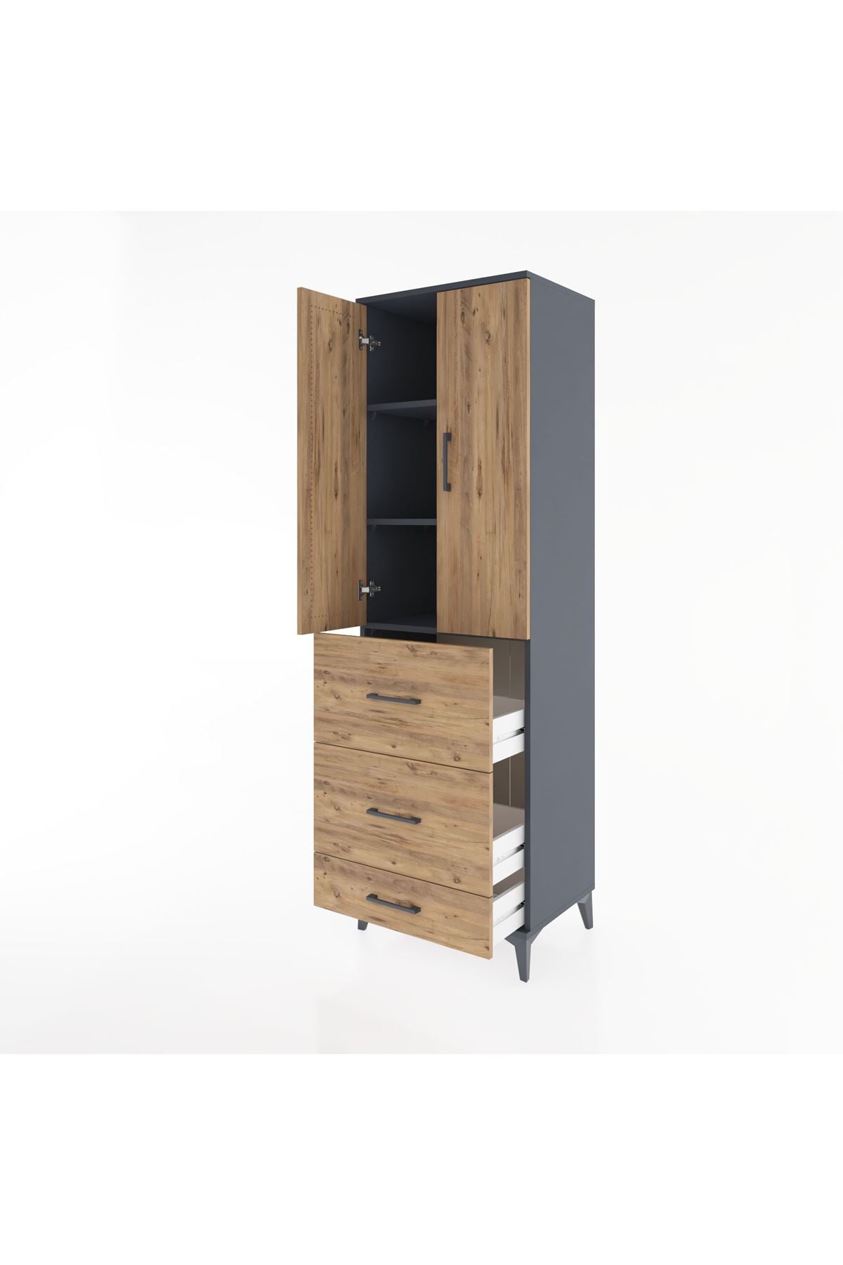 Hyperion Dolap 3 Raflı 3 Çekmeceli 2 Kapaklı 60x44x195 Antrasit-Çam