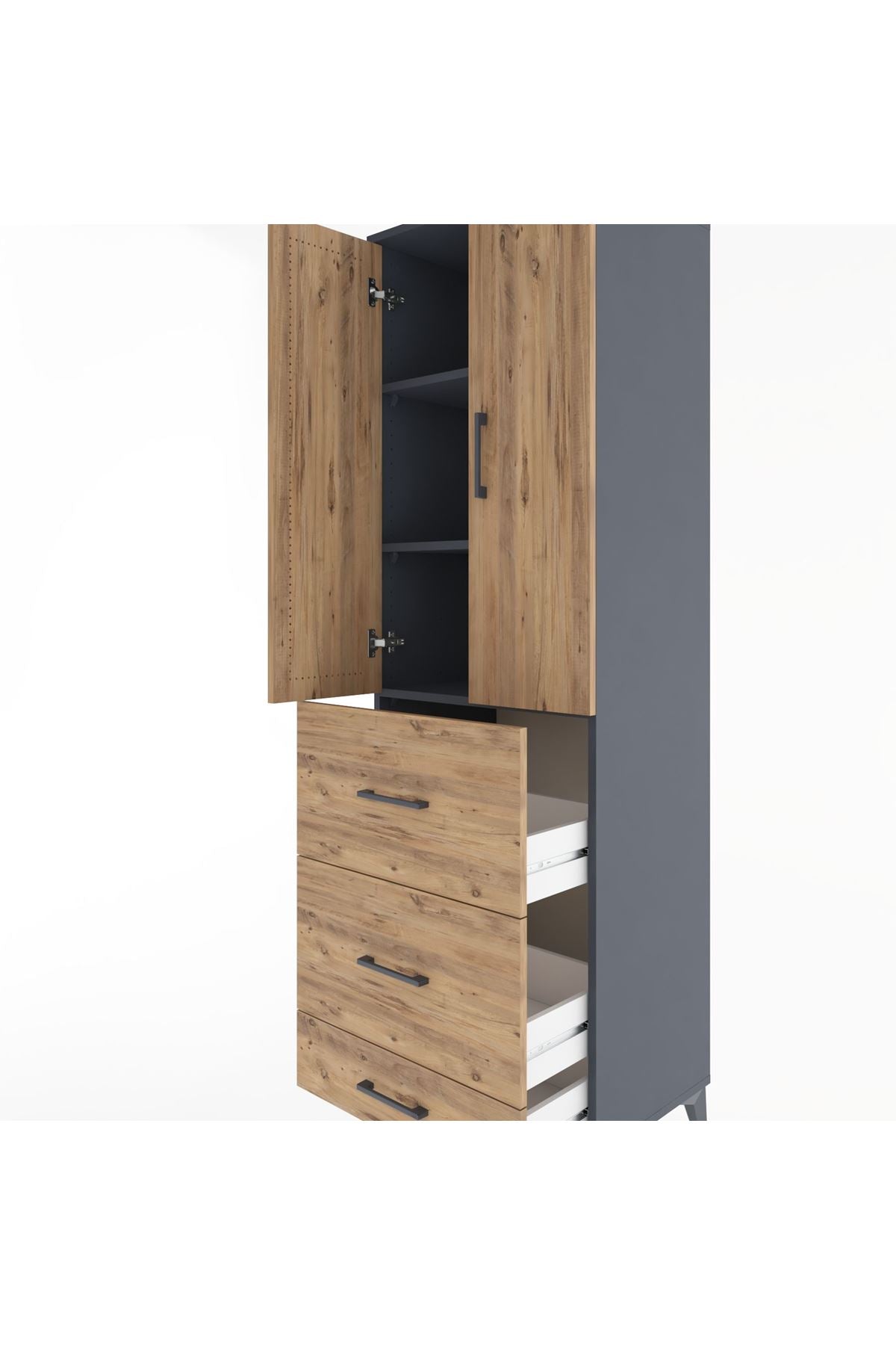 Hyperion Dolap 3 Raflı 3 Çekmeceli 2 Kapaklı 60x44x195 Antrasit-Çam