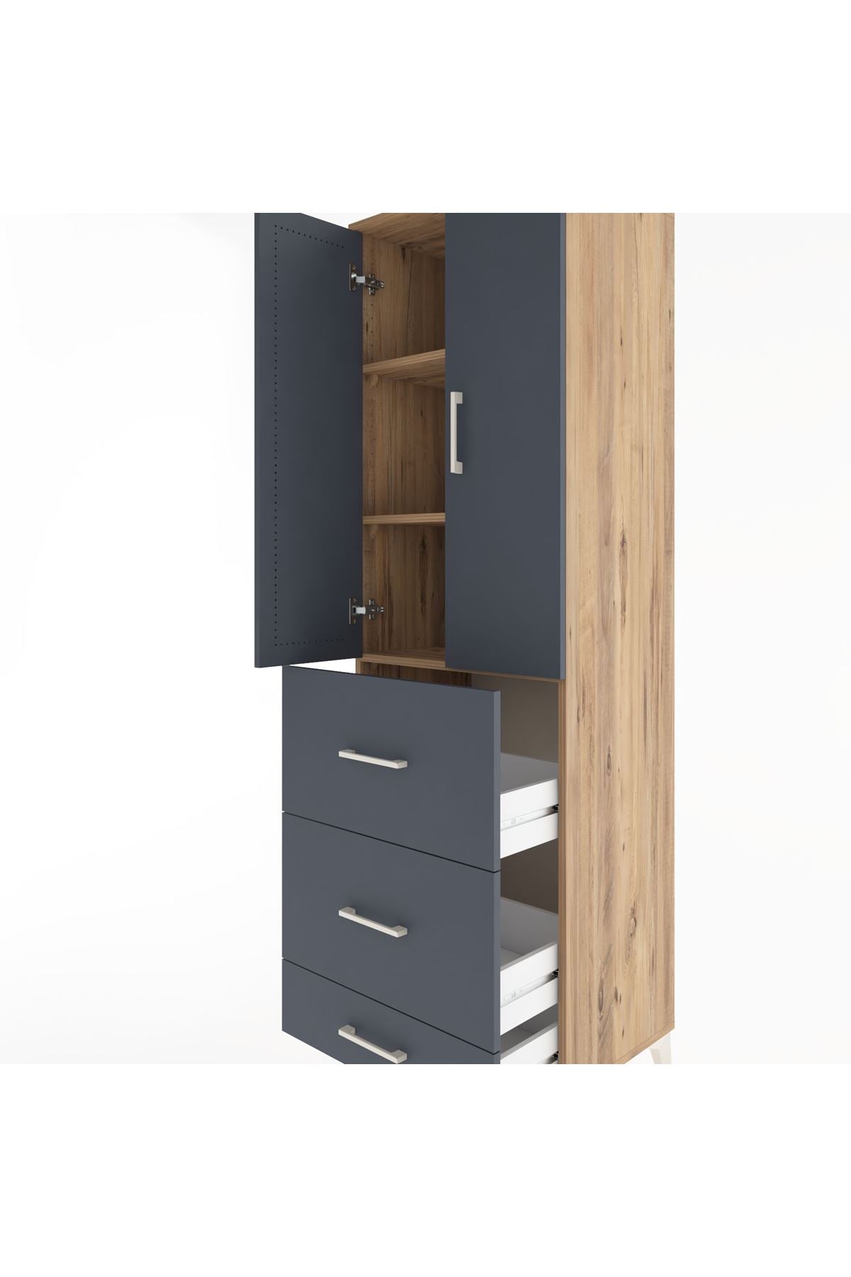 Hyperion Dolap 3 Raflı 3 Çekmeceli 2 Kapaklı 60x44x195 Çam-Antrasit