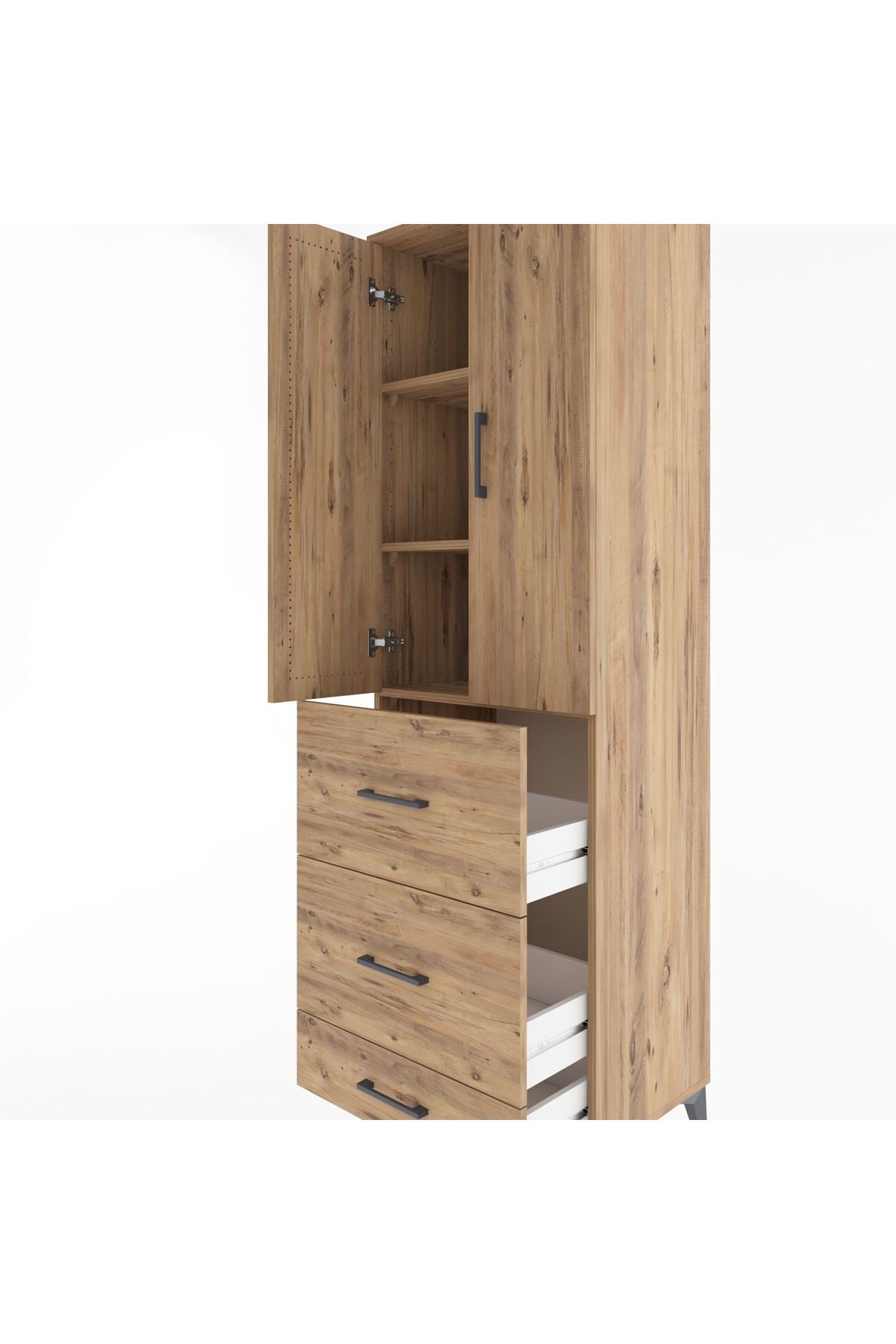 Hyperion Dolap 3 Raflı 3 Çekmeceli 2 Kapaklı 60x44x195 Çam-Çam