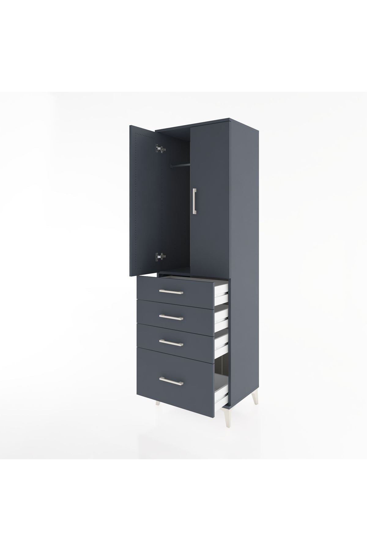 Hyperion Dolap Tek Raflı 4 Çekmeceli Tek Askılı 60x44x195 Antrasit-Antrasit