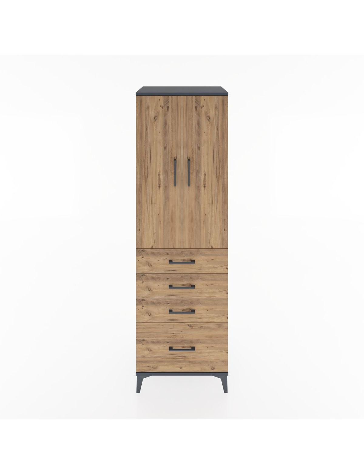 Hyperion Dolap Tek Raflı 4 Çekmeceli Tek Askılı 60x44x195 Antrasit-Çam