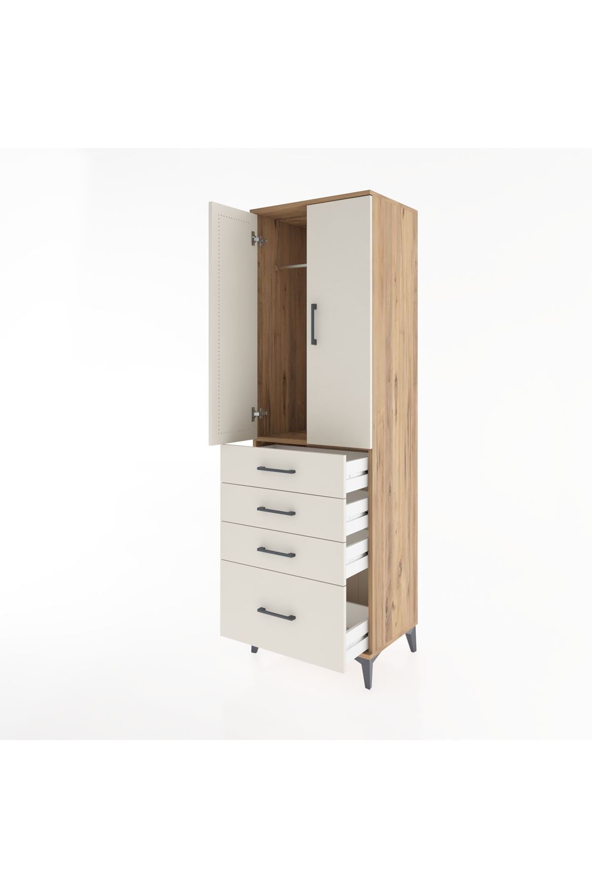 Hyperion Dolap Tek Raflı 4 Çekmeceli Tek Askılı 60x44x195 Çam-Aytaşı