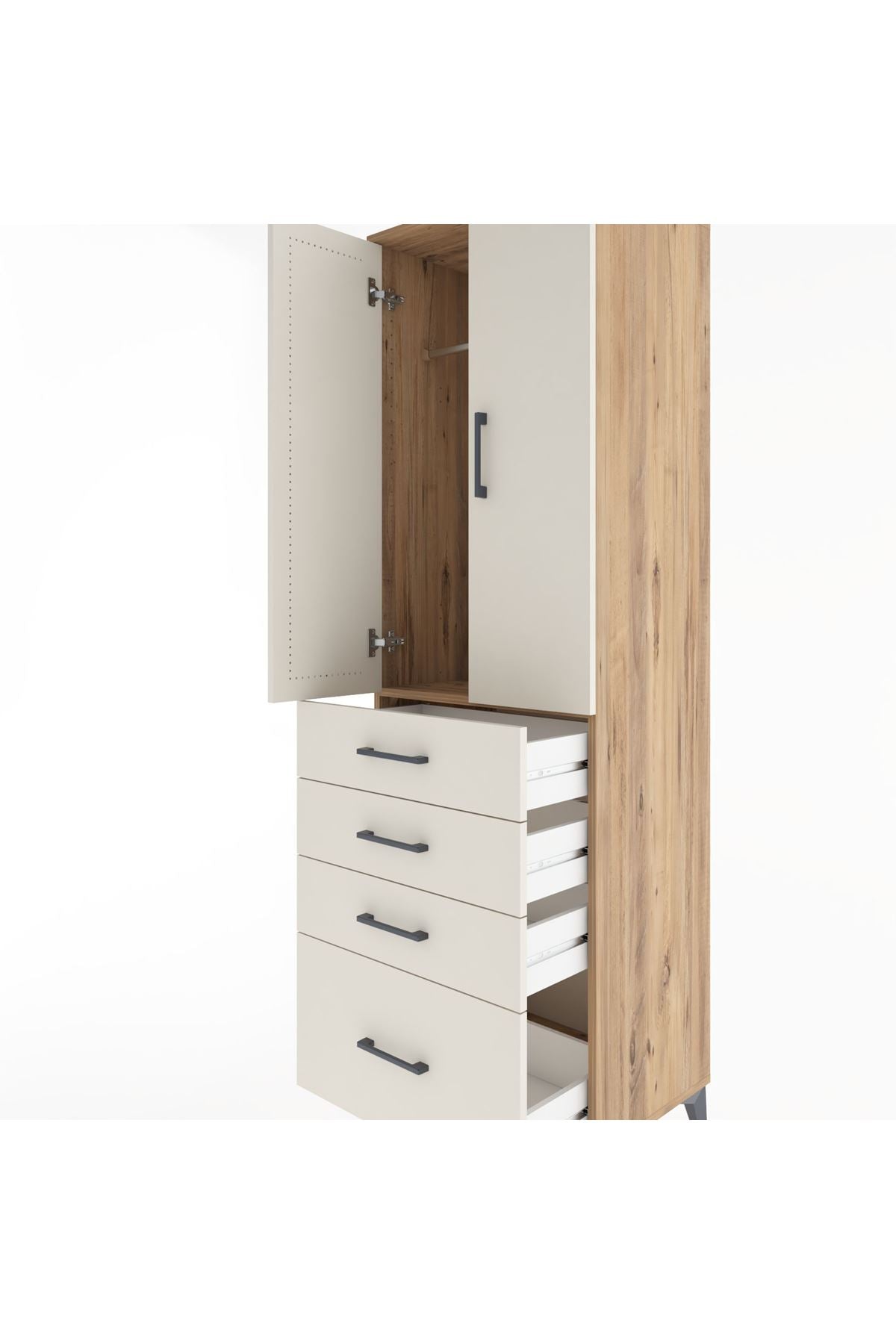 Hyperion Dolap Tek Raflı 4 Çekmeceli Tek Askılı 60x44x195 Çam-Aytaşı