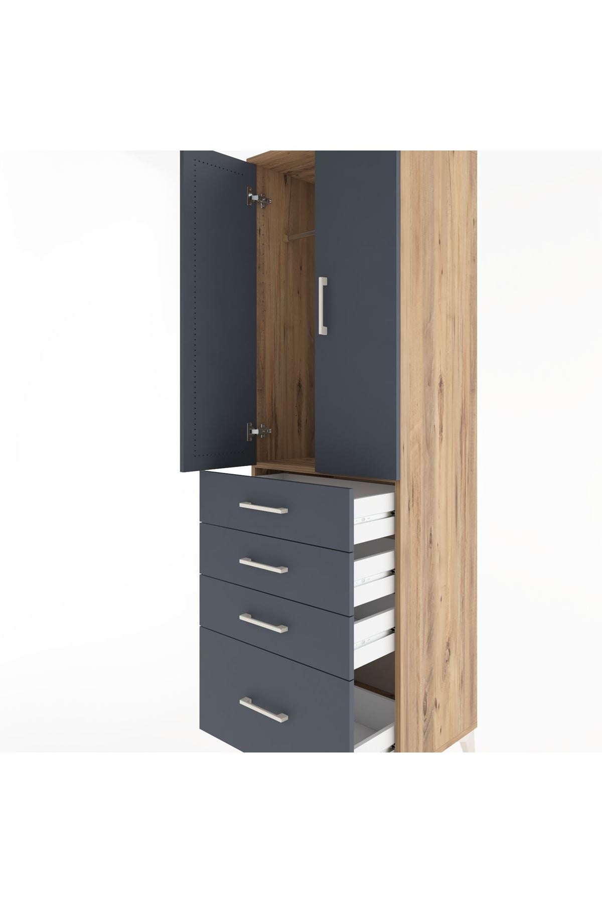 Hyperion Dolap Tek Raflı 4 Çekmeceli Tek Askılı 60x44x195 Çam-Antrasit