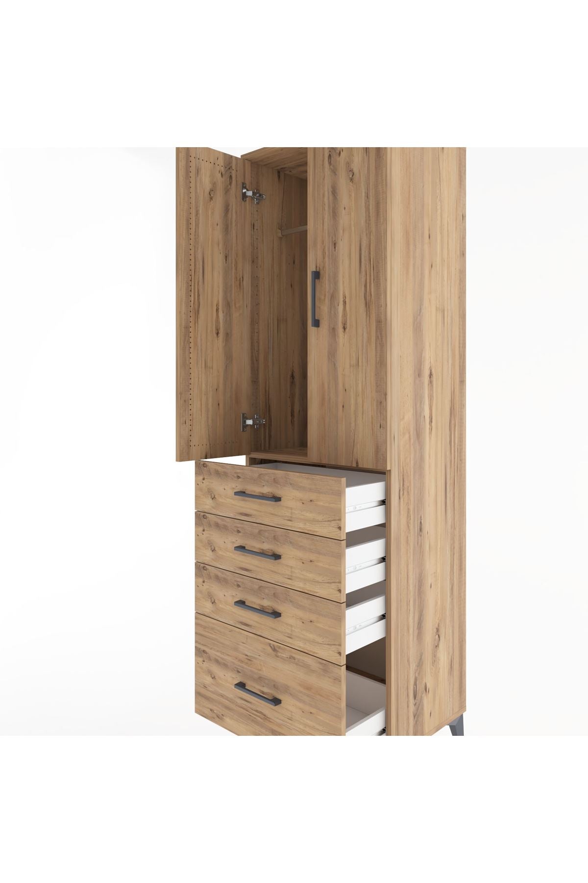 Hyperion Dolap Tek Raflı 4 Çekmeceli Tek Askılı 60x44x195 Çam-Çam