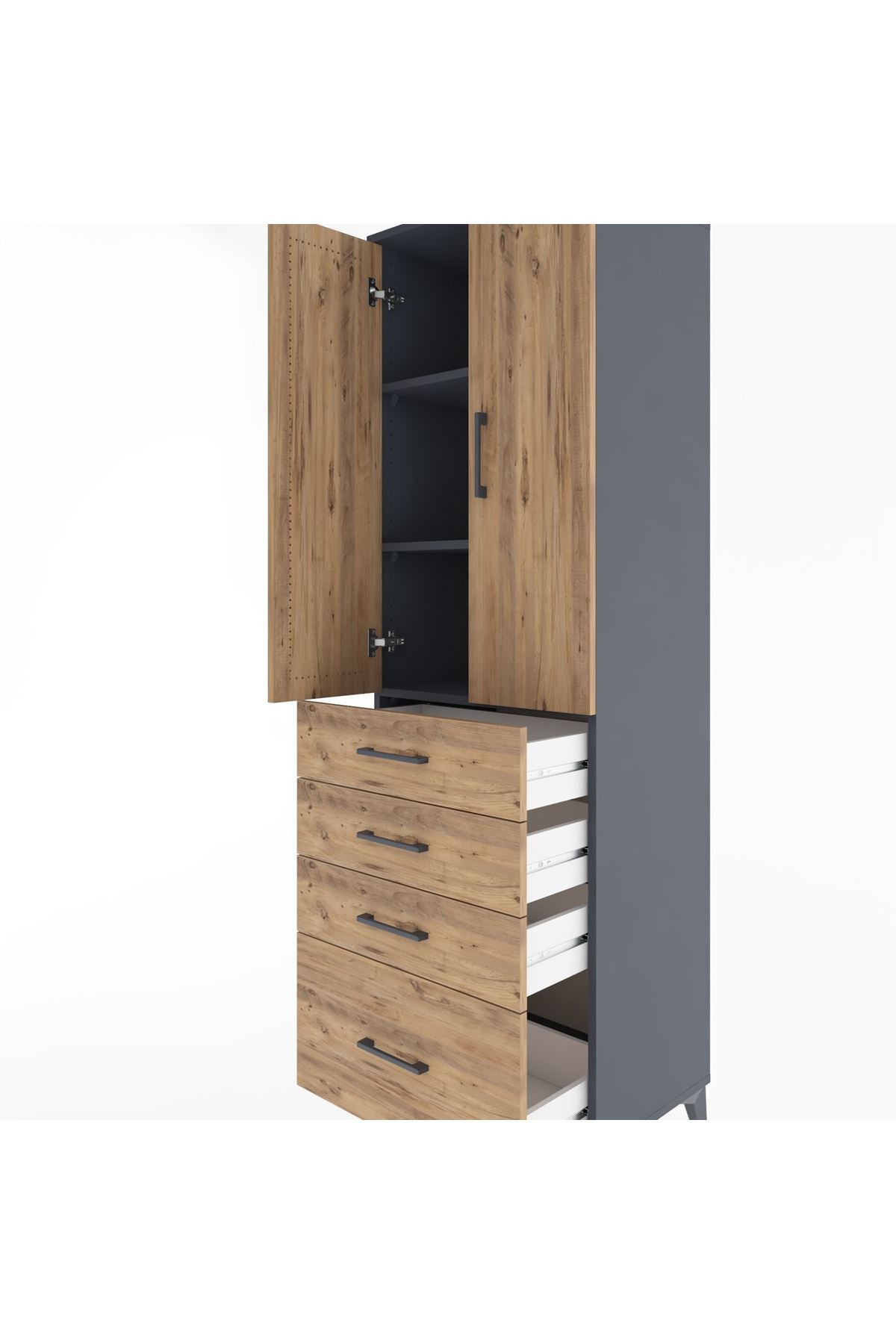 Hyperion Dolap 3 Raflı 4 Çekmeceli 2 Kapaklı 60x44x195 Antrasit-Çam