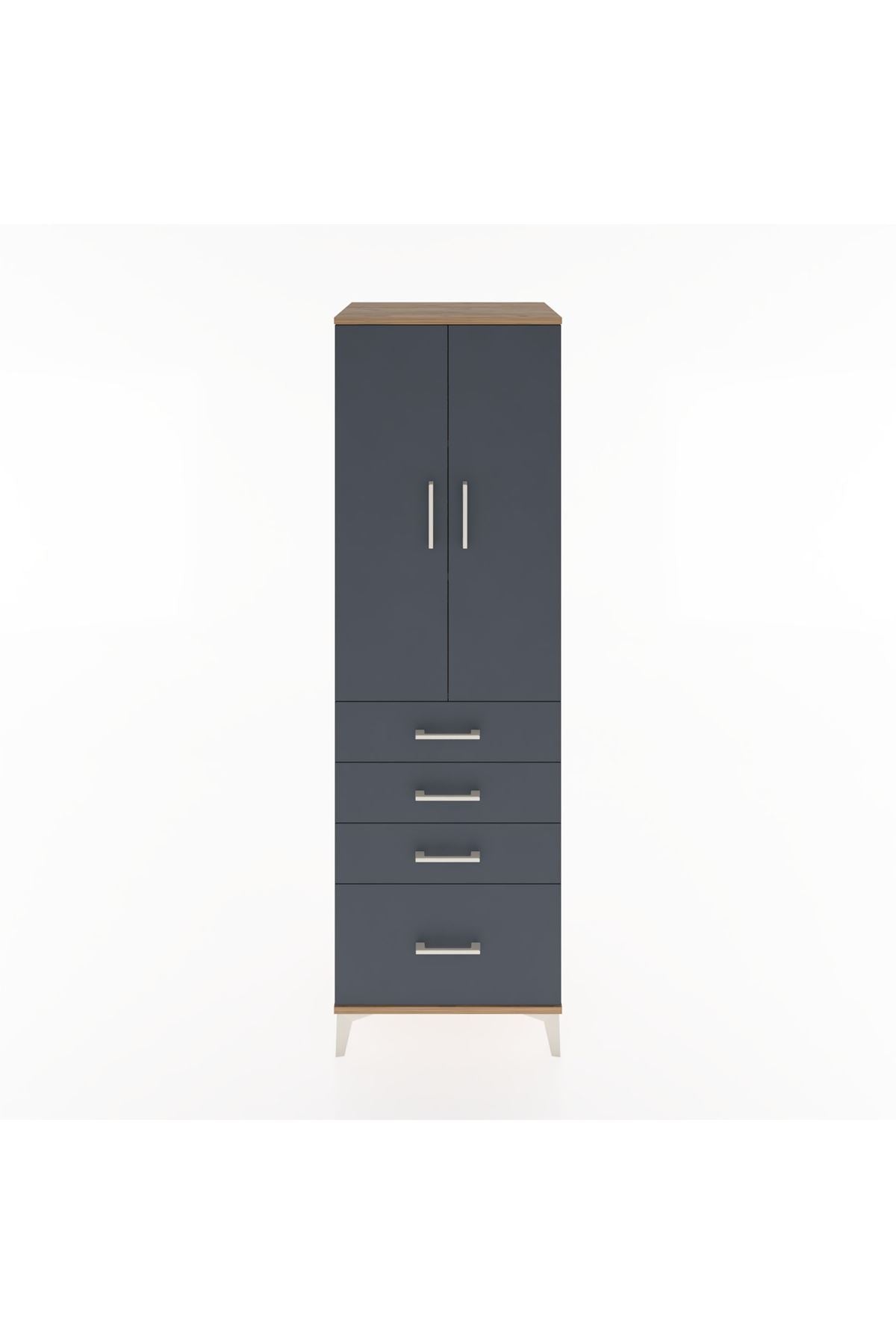 Hyperion Dolap 3 Raflı 4 Çekmeceli 2 Kapaklı 60x44x195 Çam-Antrasit