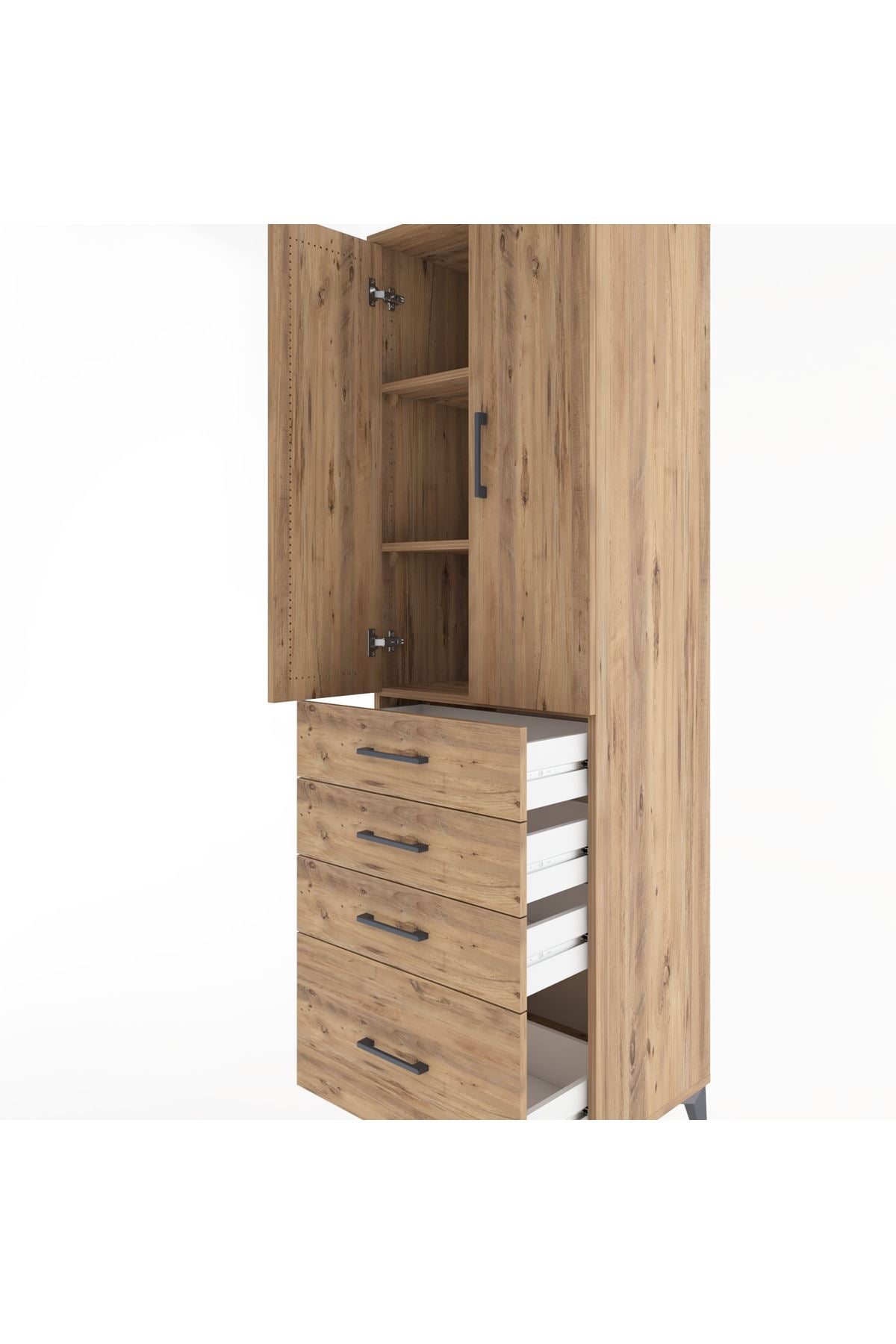 Hyperion Dolap 3 Raflı 4 Çekmeceli 2 Kapaklı 60x44x195 Çam-Çam