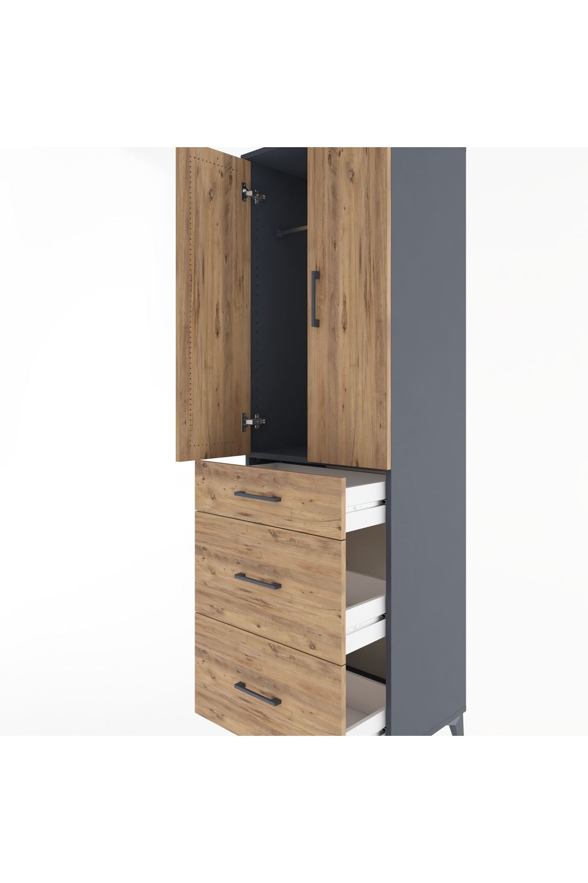 Hyperion Dolap Tek Raflı 3 Çekmeceli Tek Askılı 60x44x195 Antrasit-Çam