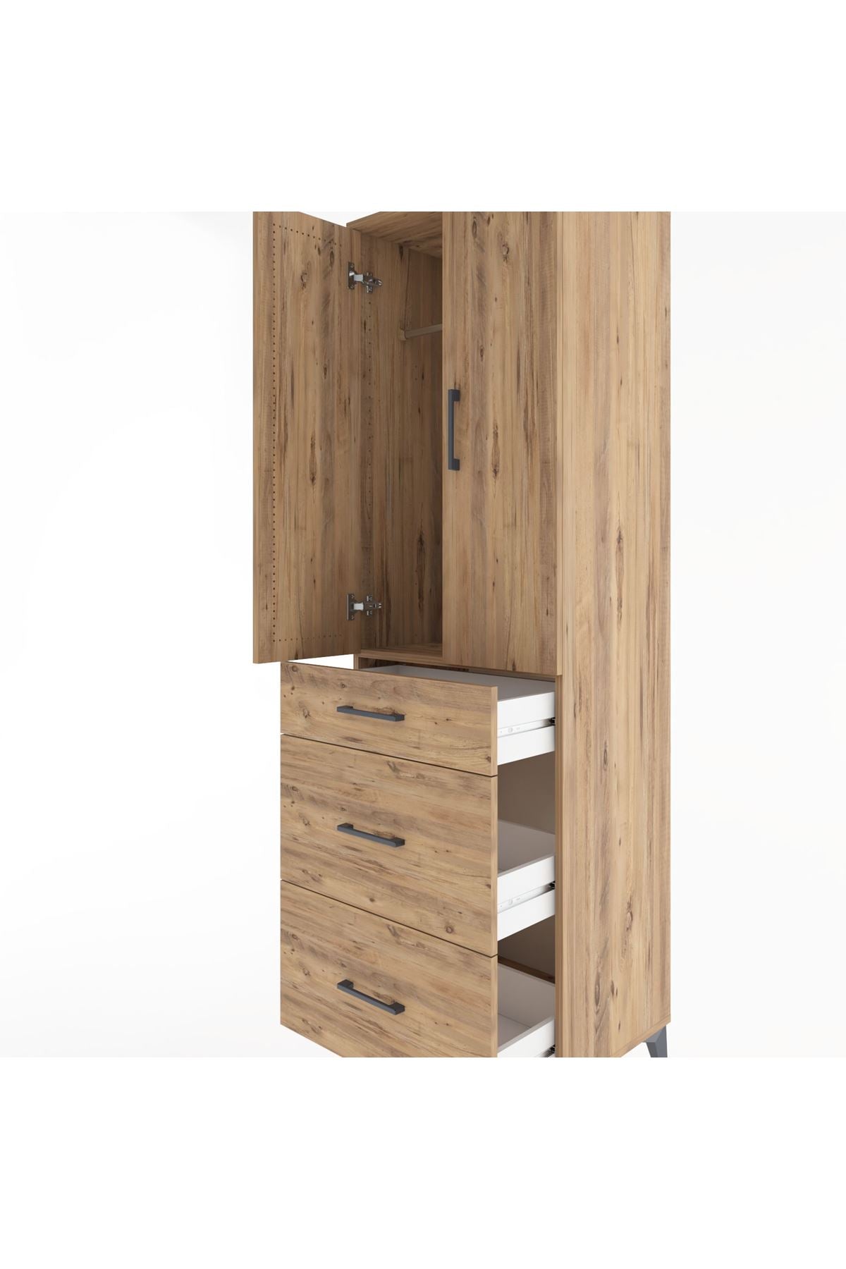 Hyperion Dolap Tek Raflı 3 Çekmeceli Tek Askılı 60x44x195 Çam-Çam