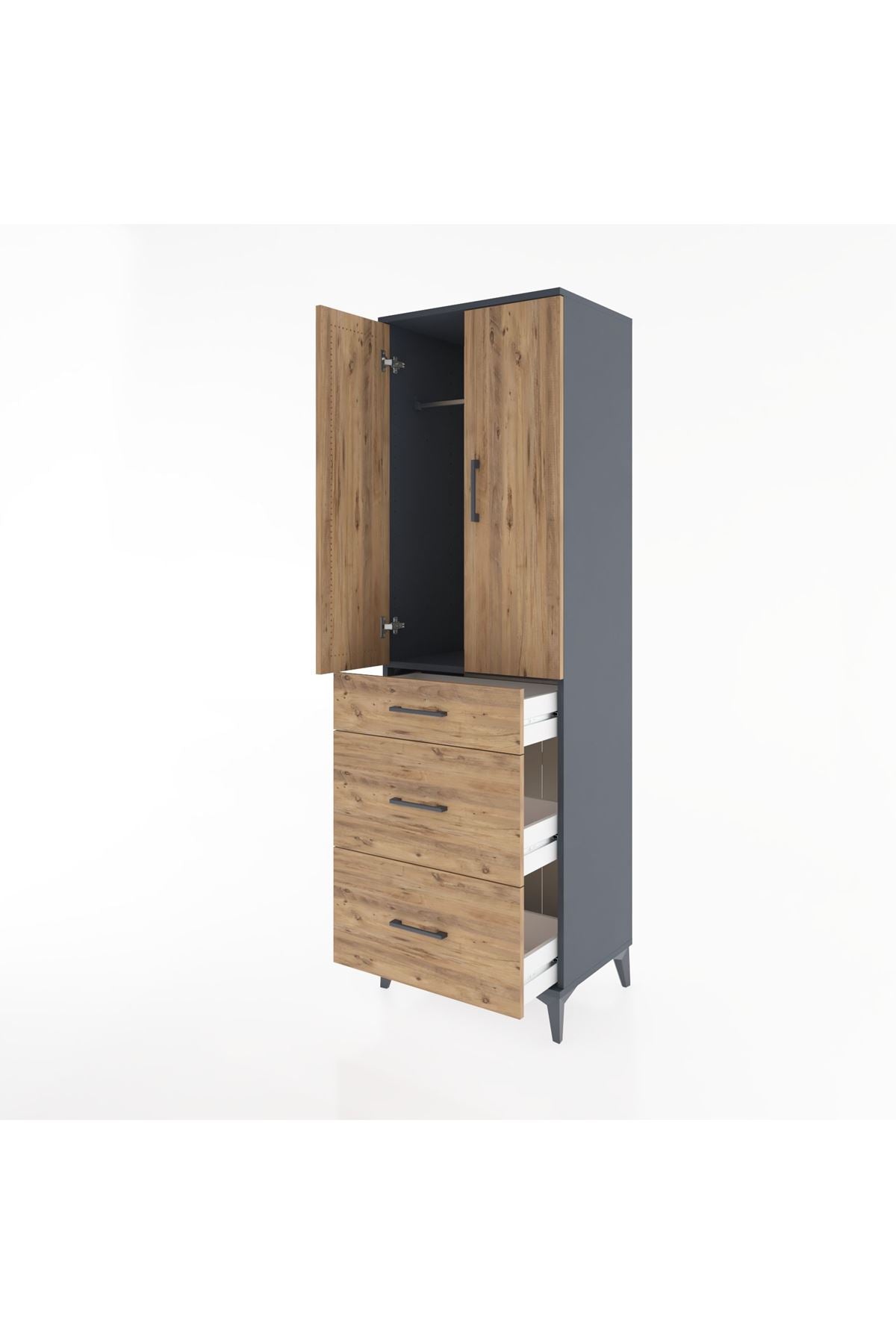 Hyperion Dolap Tek Raflı 3 Çekmeceli Tek Askılı 60x44x195 Antrasit-Çam