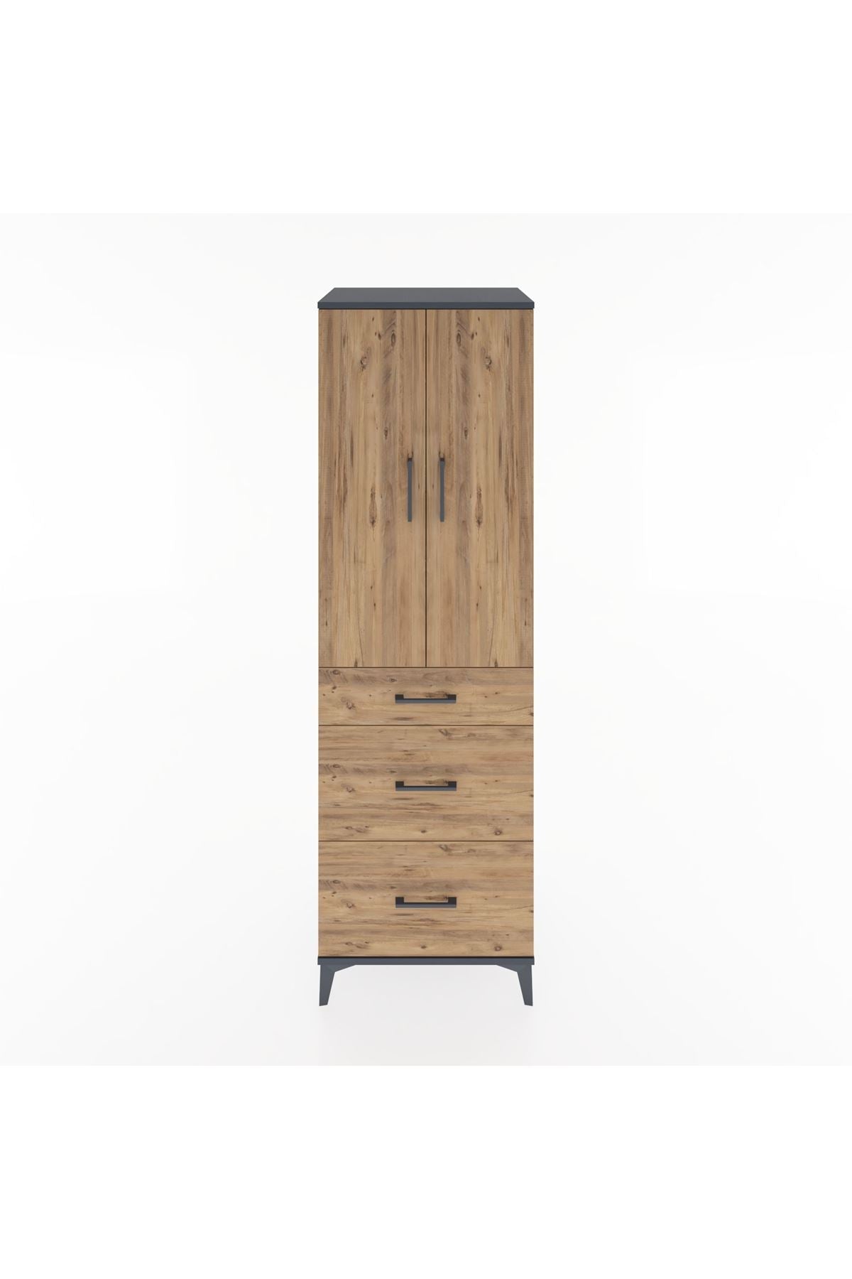 Hyperion Dolap 3 Raflı 3 Çekmeceli 2 Kapaklı 60x44x195 Antrasit-Çam