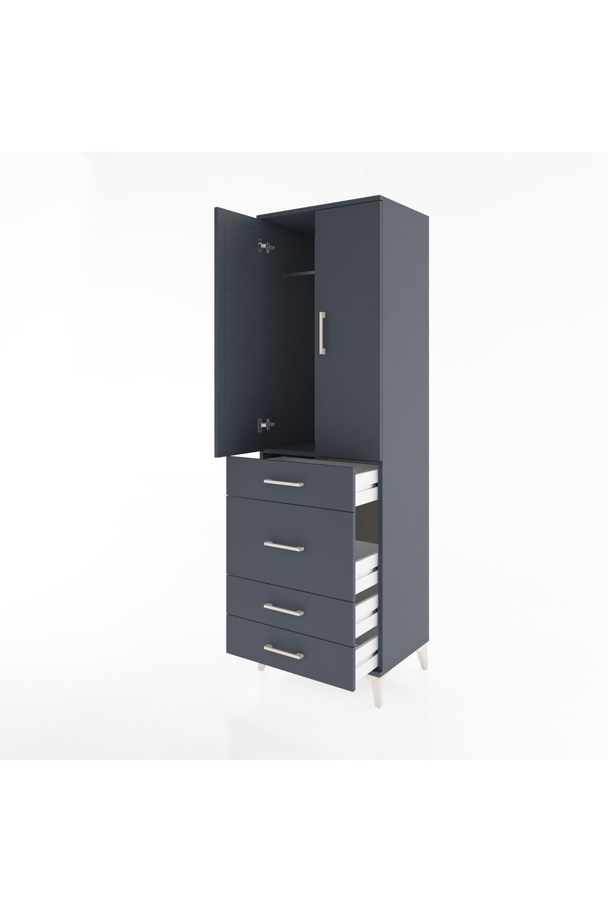 Hyperion Dolap Tek Raflı 4 Çekmeceli Tek Askılı 60x44x195 Antrasit-Antrasit