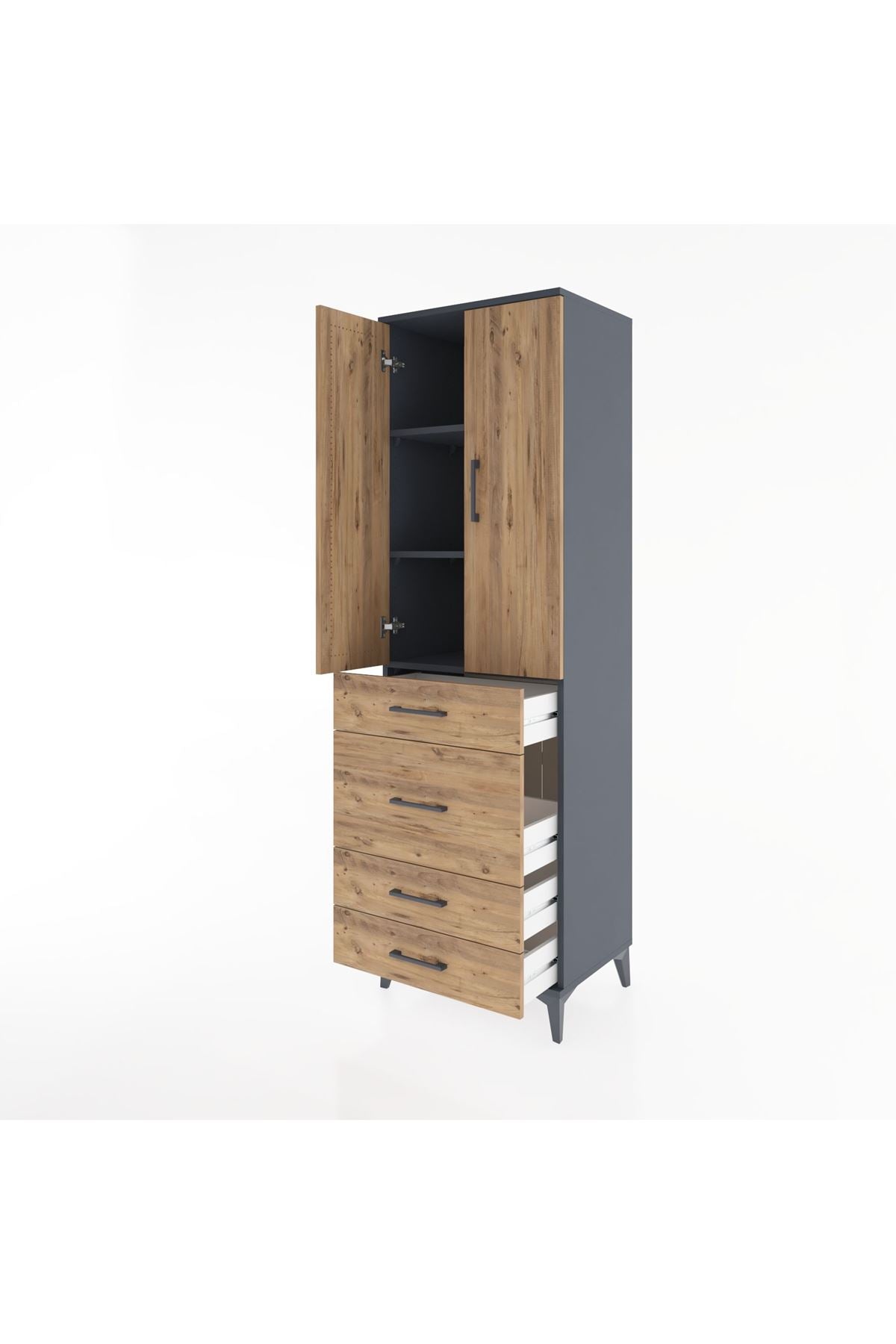 Hyperion Dolap 3 Raflı 4 Çekmeceli 2 Kapaklı 60x44x195 Antrasit-Çam