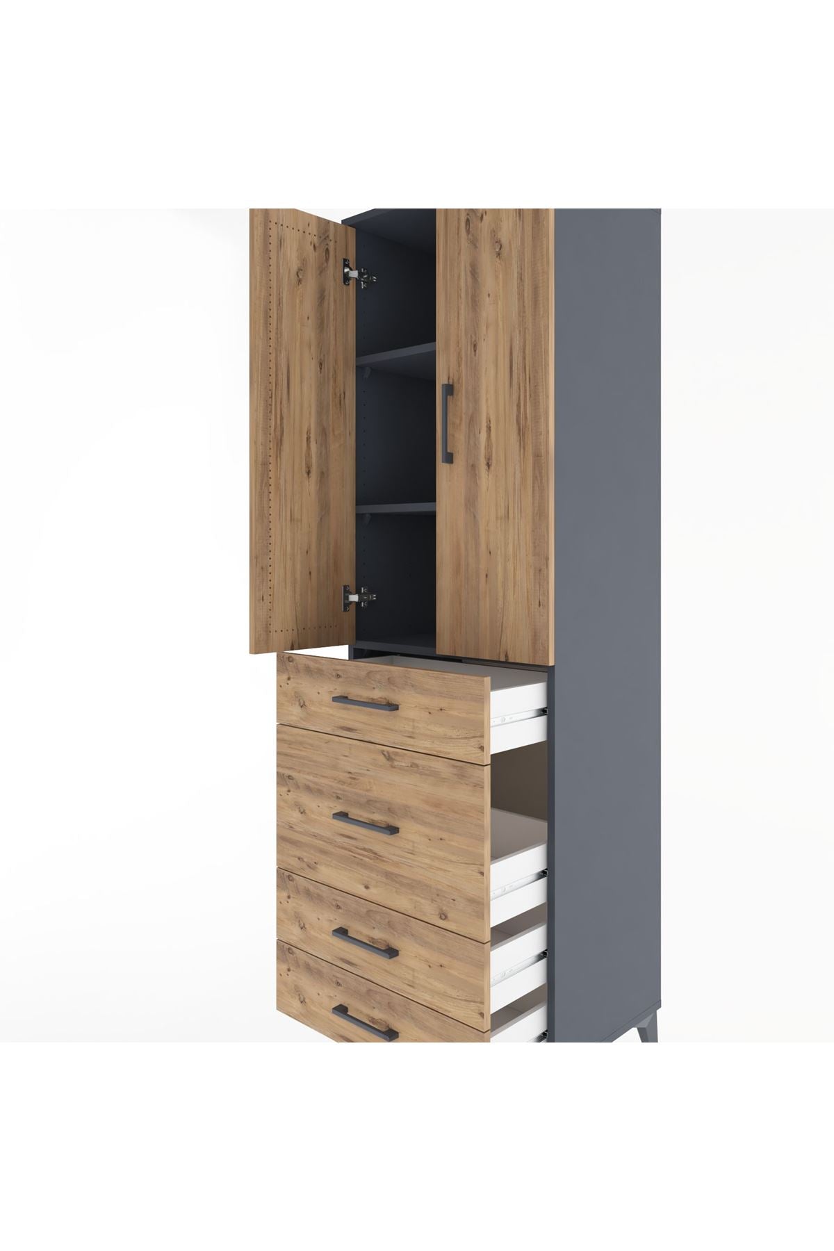 Hyperion Dolap 3 Raflı 4 Çekmeceli 2 Kapaklı 60x44x195 Antrasit-Çam