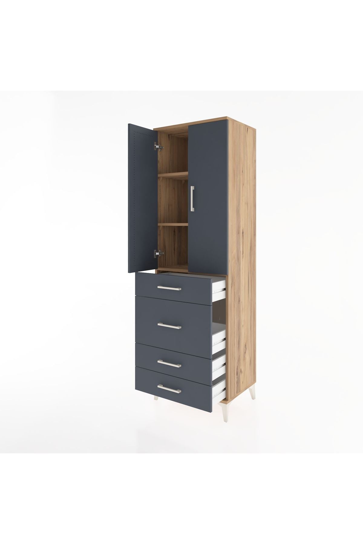 Hyperion Dolap 3 Raflı 4 Çekmeceli 2 Kapaklı 60x44x195 Çam-Antrasit