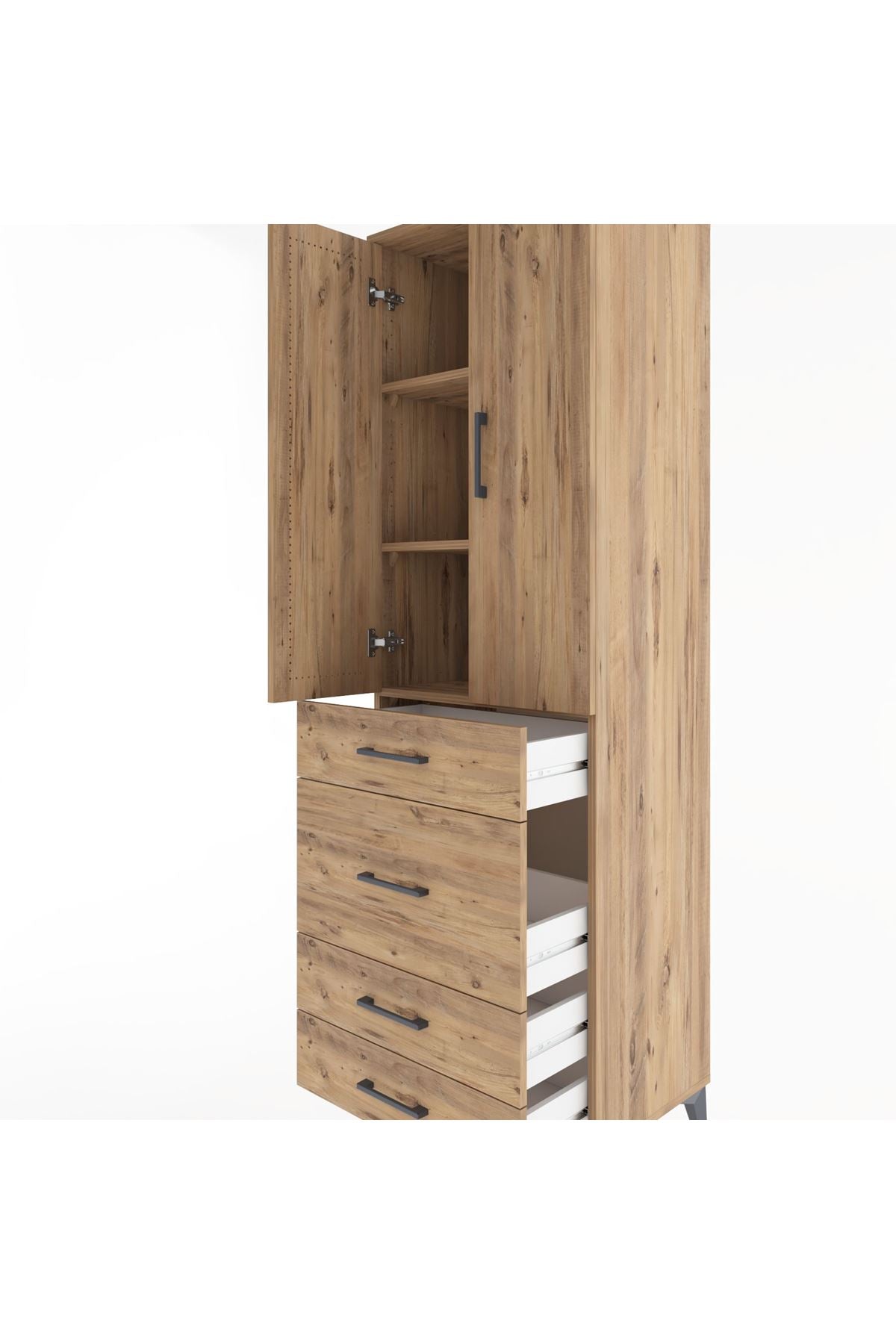 Hyperion Dolap 3 Raflı 4 Çekmeceli 2 Kapaklı 60x44x195 Çam-Çam