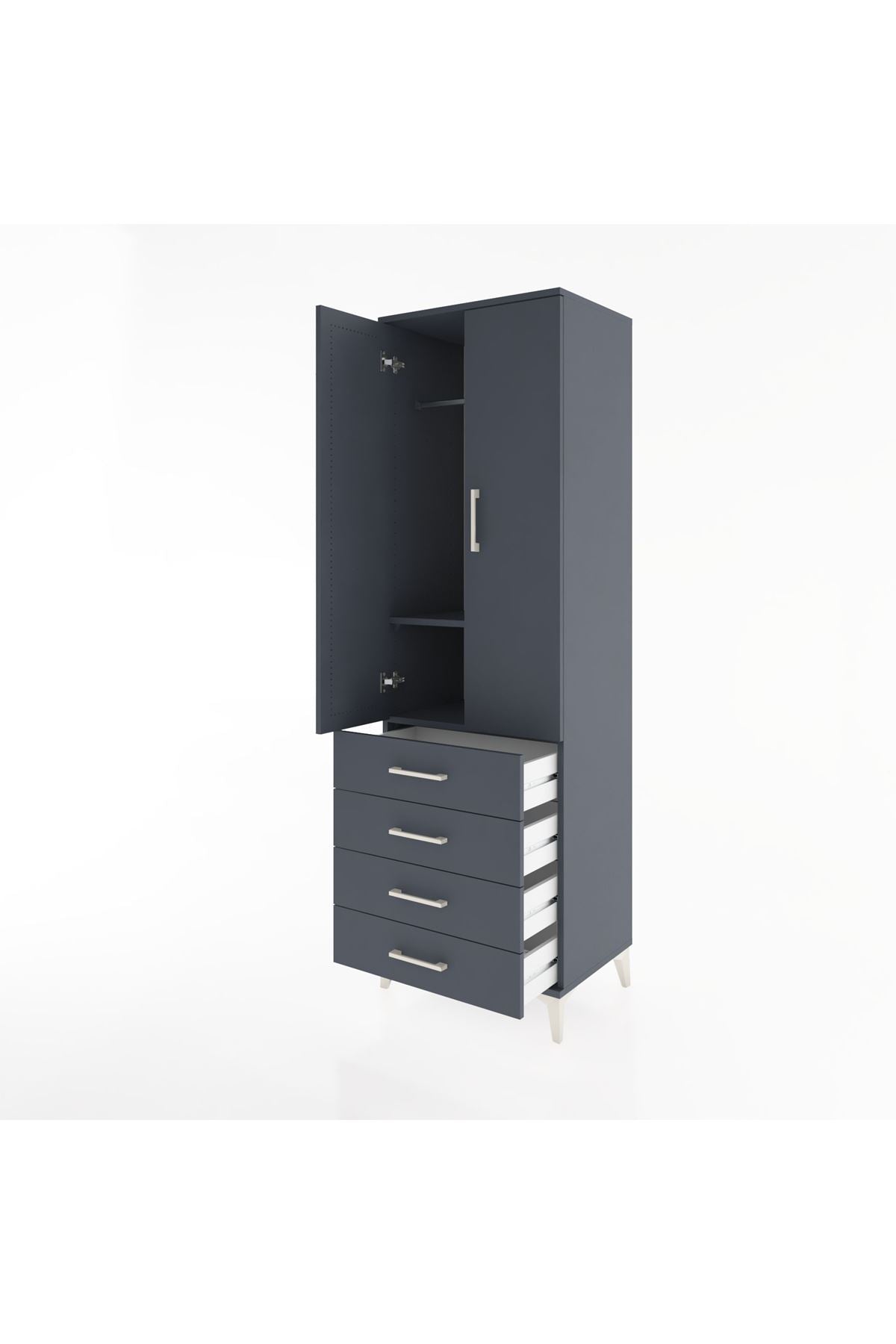 Hyperion Dolap 2 Raflı 4 Çekmeceli Tek Askılı 60x44x195 Antrasit-Antrasit