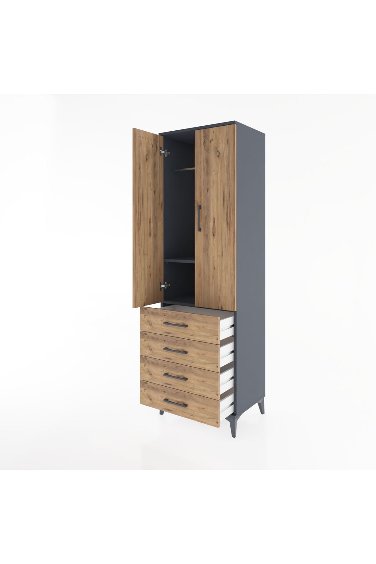 Hyperion Dolap 2 Raflı 4 Çekmeceli Tek Askılı 60x44x195 Antrasit-Çam