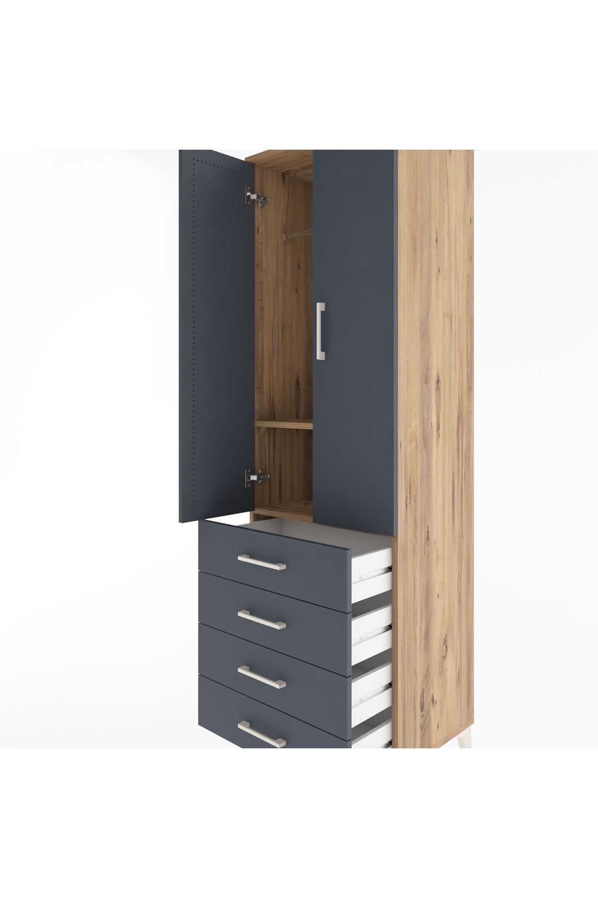 Hyperion Dolap 2 Raflı 4 Çekmeceli Tek Askılı 60x44x195 Çam-Antrasit