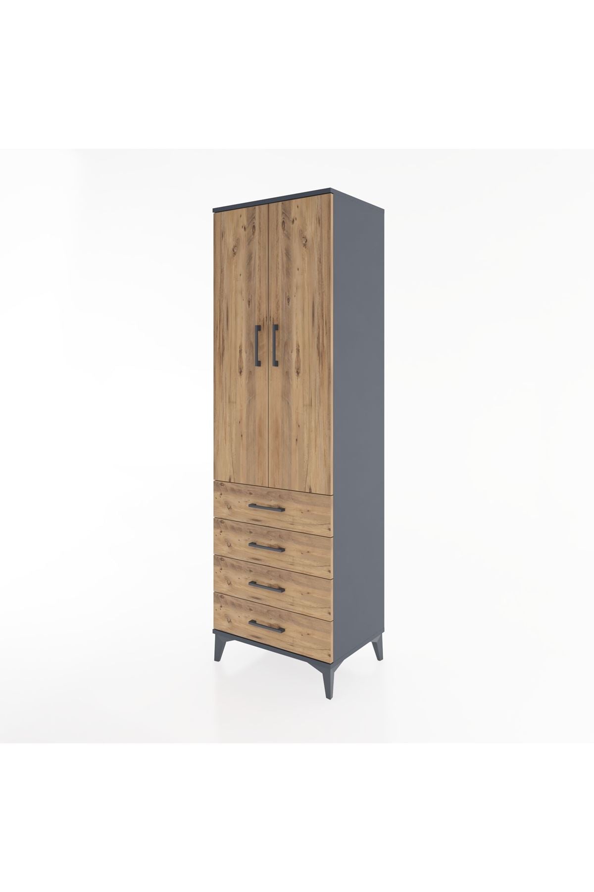 Hyperion Dolap 4 Raflı 4 Çekmeceli 2 Kapaklı 60x44x195 Antrasit-Çam