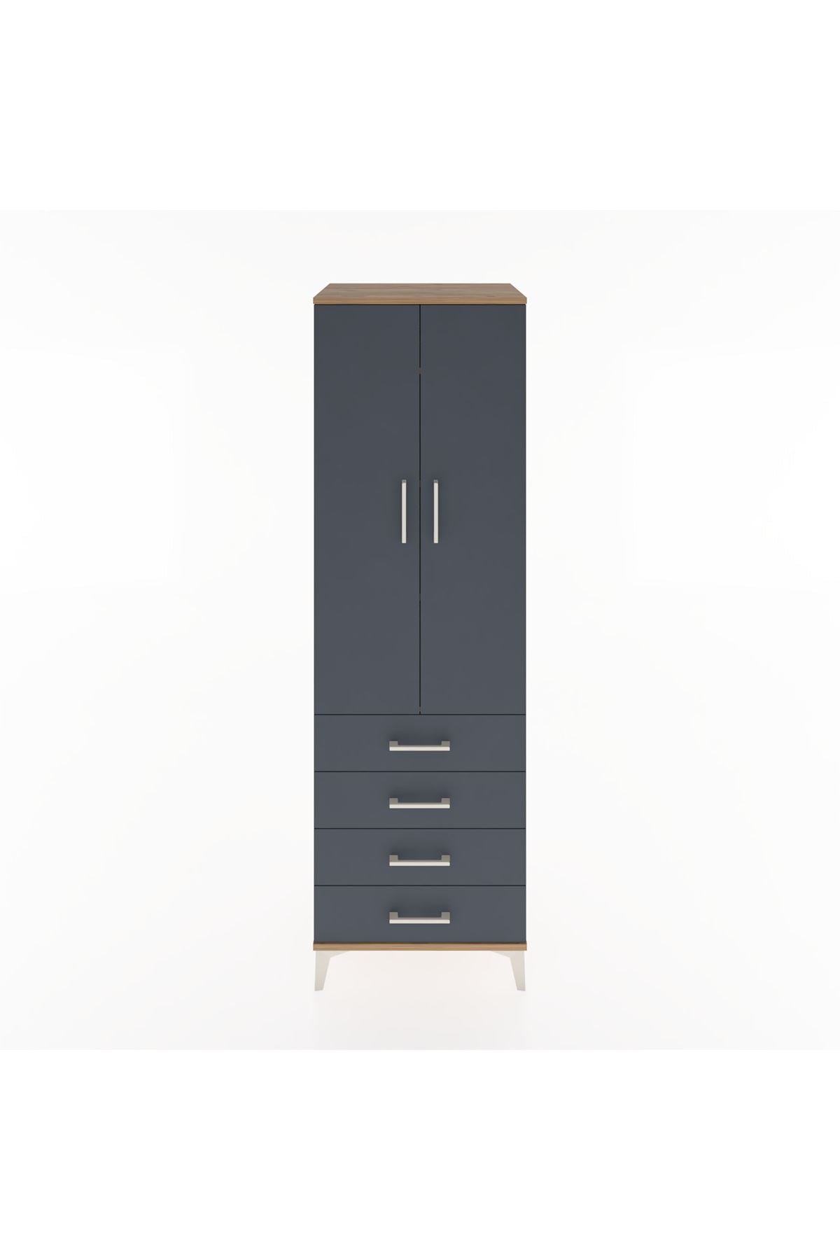 Hyperion Dolap 4 Raflı 4 Çekmeceli 2 Kapaklı 60x44x195 Çam-Antrasit