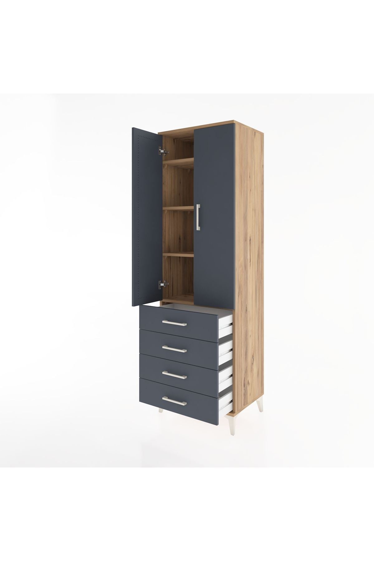 Hyperion Dolap 4 Raflı 4 Çekmeceli 2 Kapaklı 60x44x195 Çam-Antrasit